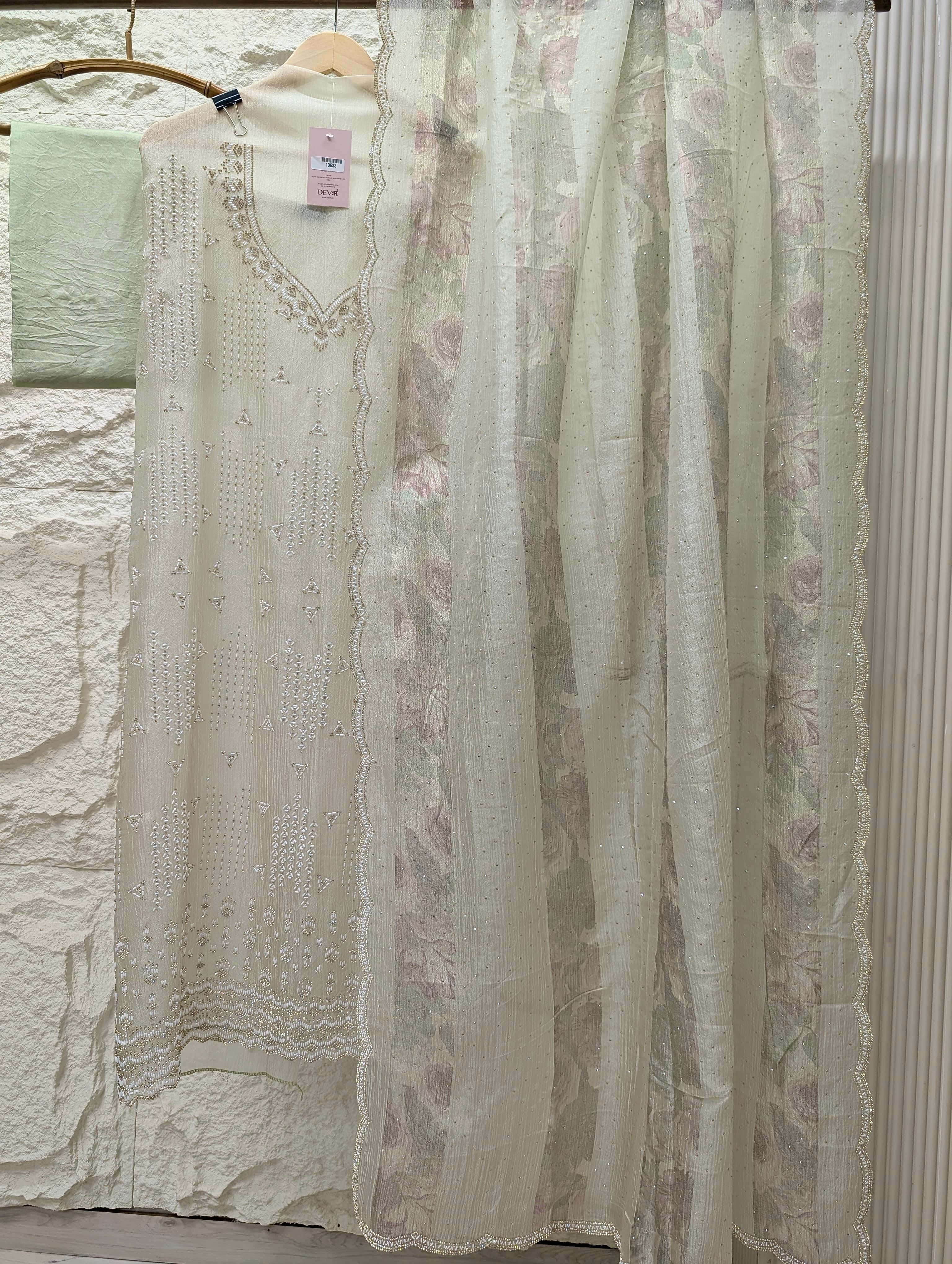 Sage Pure Crush Silk Embroidered Unstitched 3-Piece Suit (Devri – D.No 13633)