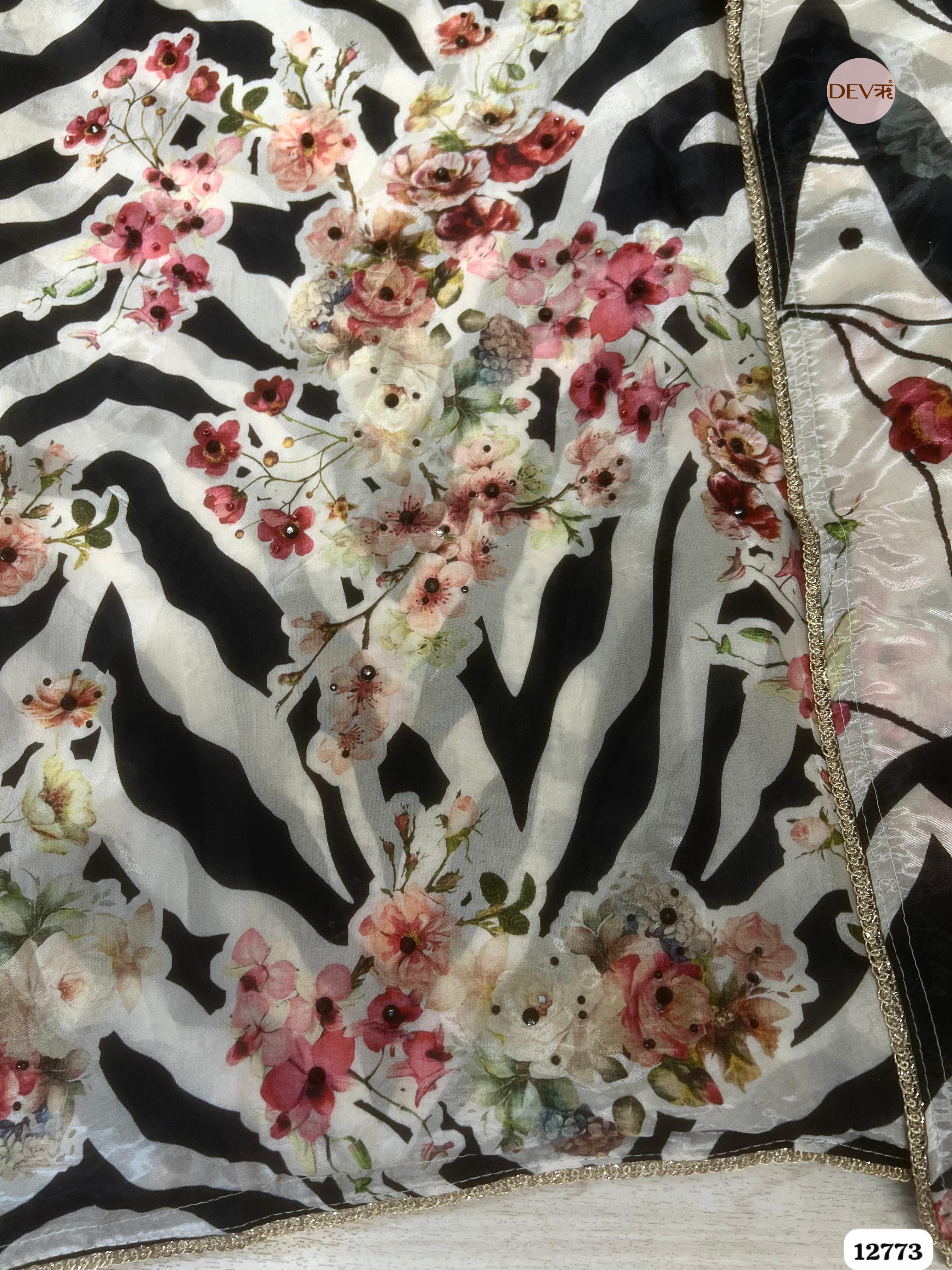 Black & White Organza Silk Printed Unstitched 3-Piece Suit (Devri – D.No 12773)