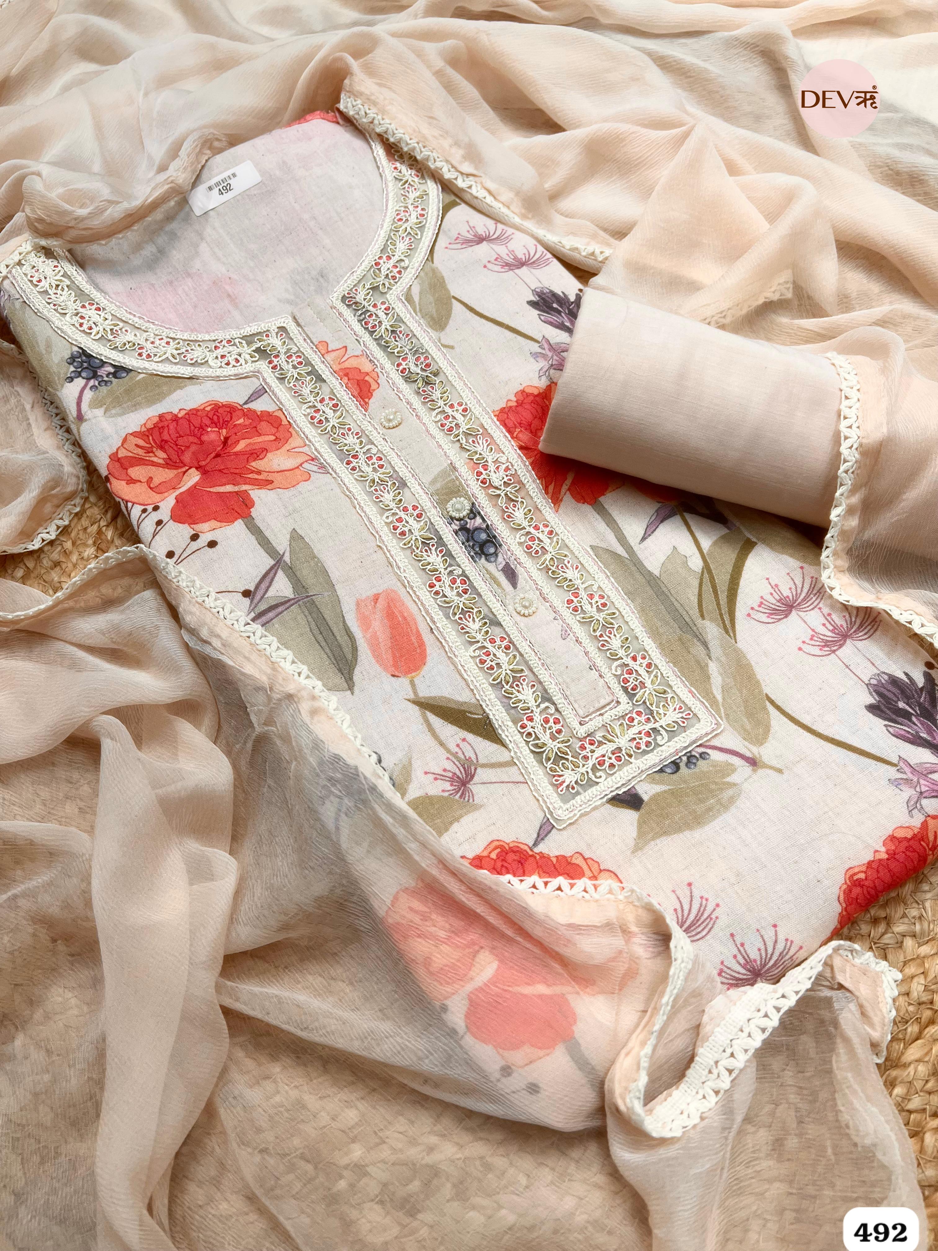 Peach Cotton Floral Printed Unstitched 3-Piece Suit (Devri – D.No. 492)
