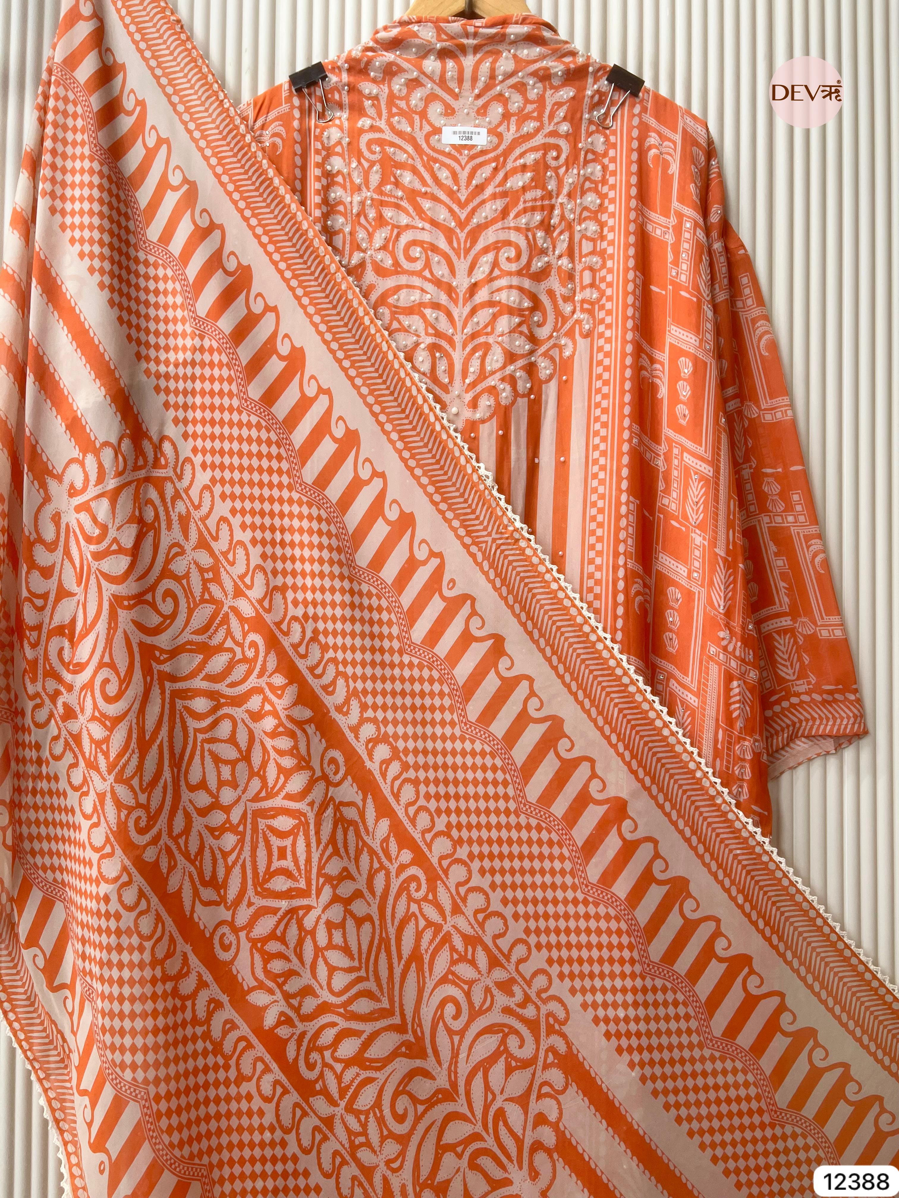 Orange Organza Embroidered Unstitched 3-Piece Suit (Devri – D.No 12388)