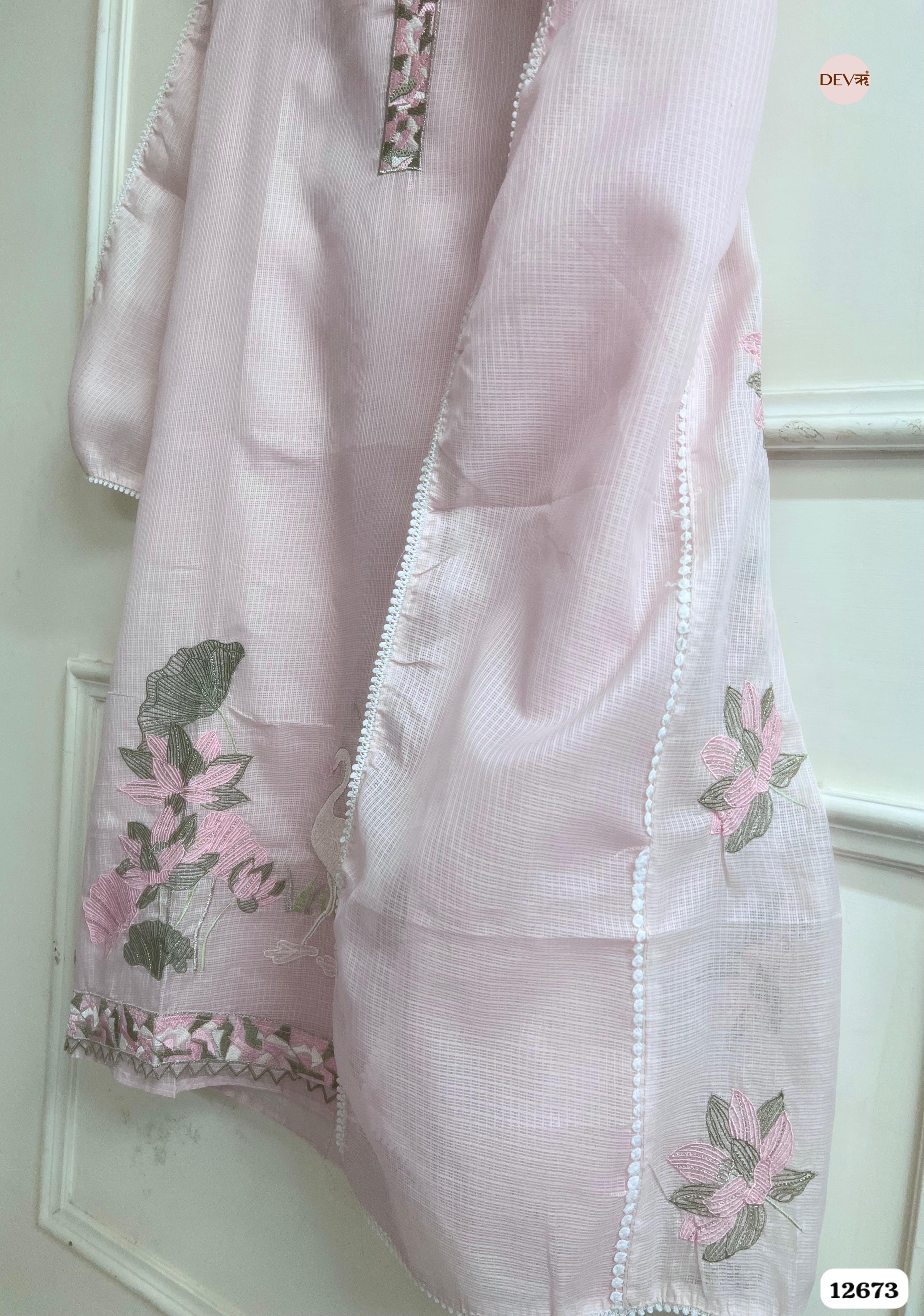 Baby Pink Kota Embroidered Unstitched 3-Piece Suit (Devri – D.No 12673)