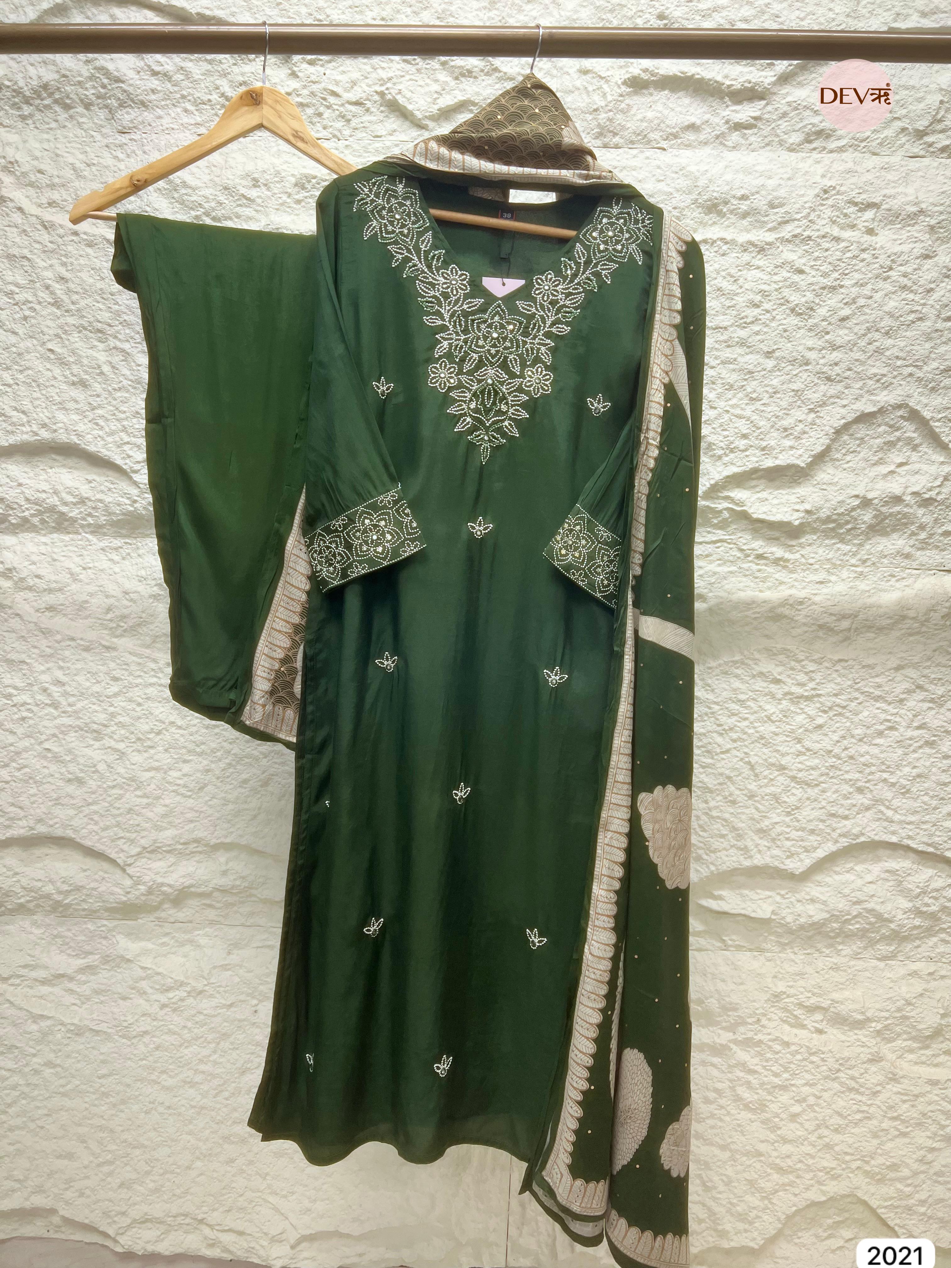 Olive Green Embroidered Muslin 3-Piece Set - {2021}