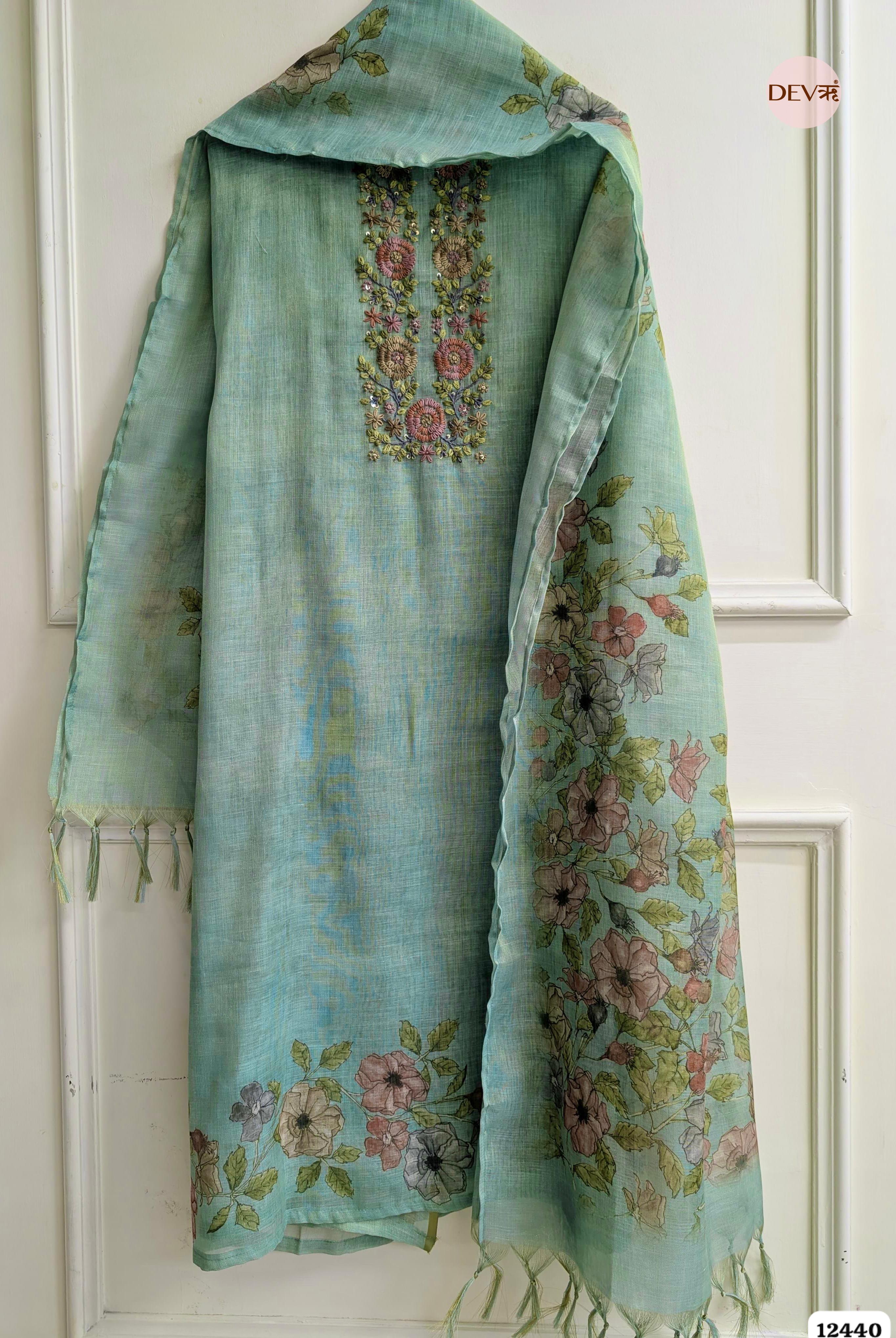 Mint Green Linen Printed Unstitched 3-Piece Suit (Devri – D.No. 12440)