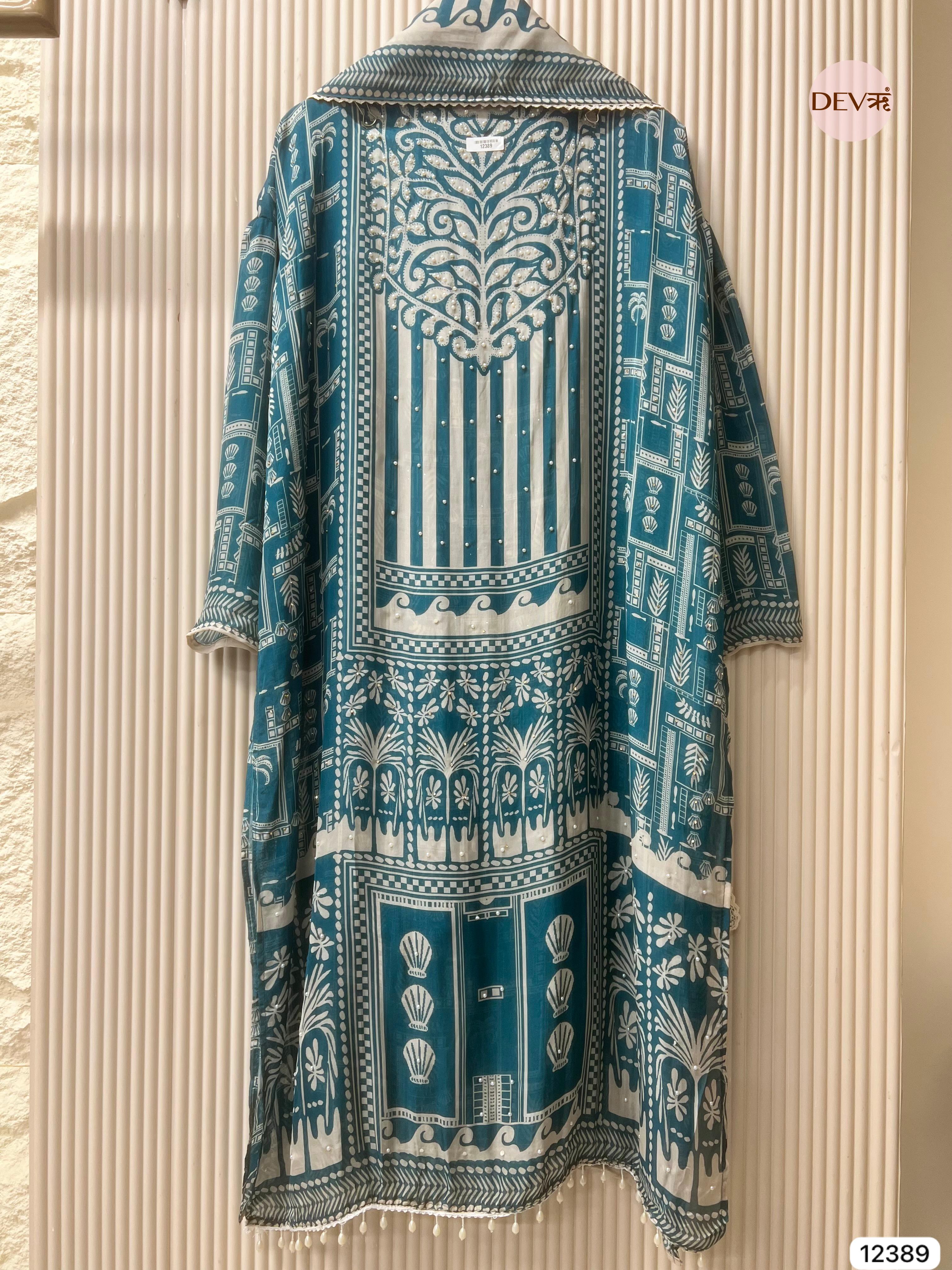 Teal and White Organza Printed Unstitched 3-Piece Suit (Devri – D.No 12389)
