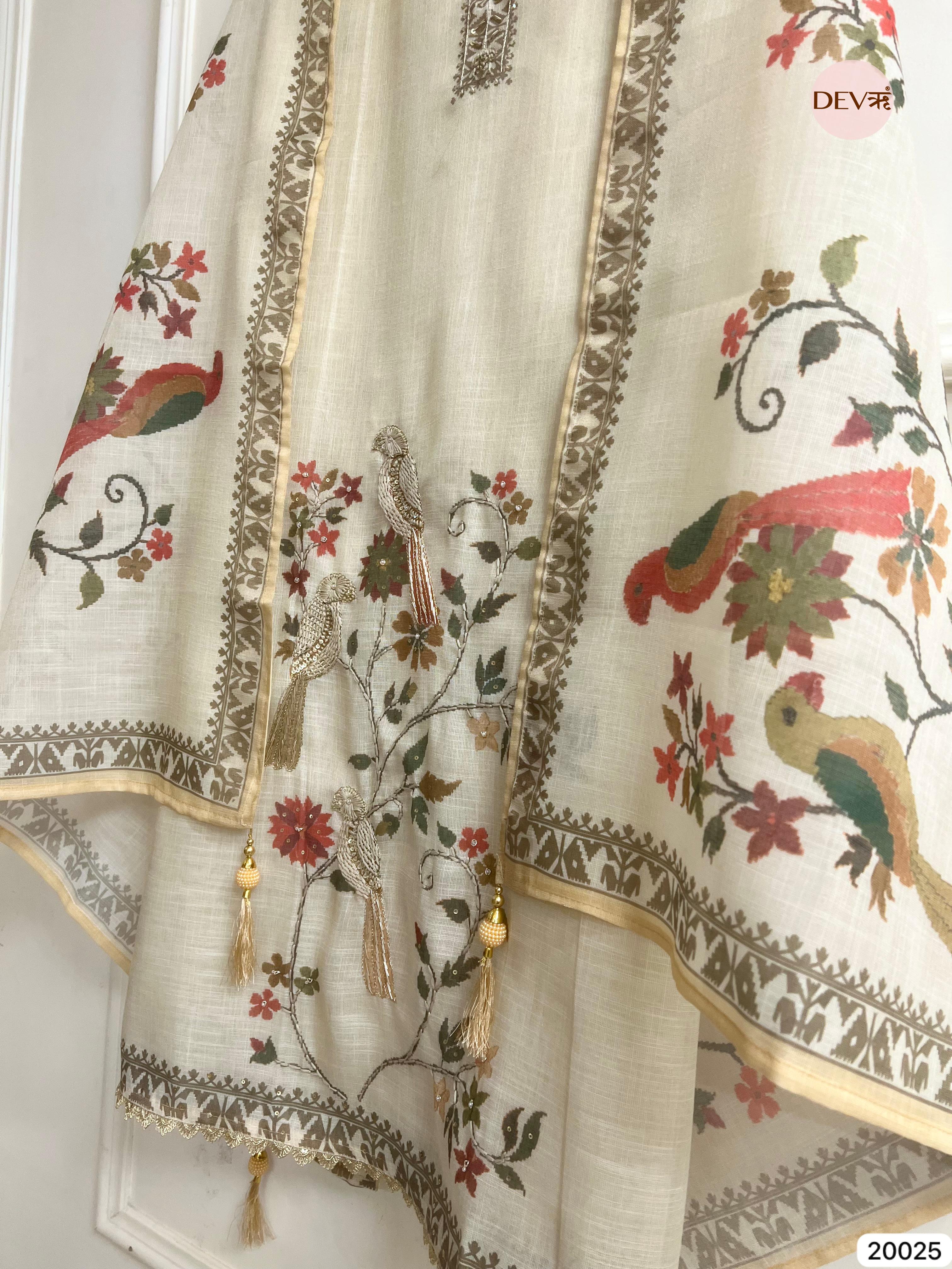 Ivory Linen Cotton Embroidered Unstitched 3-Piece Suit (Devri – D.No 20025