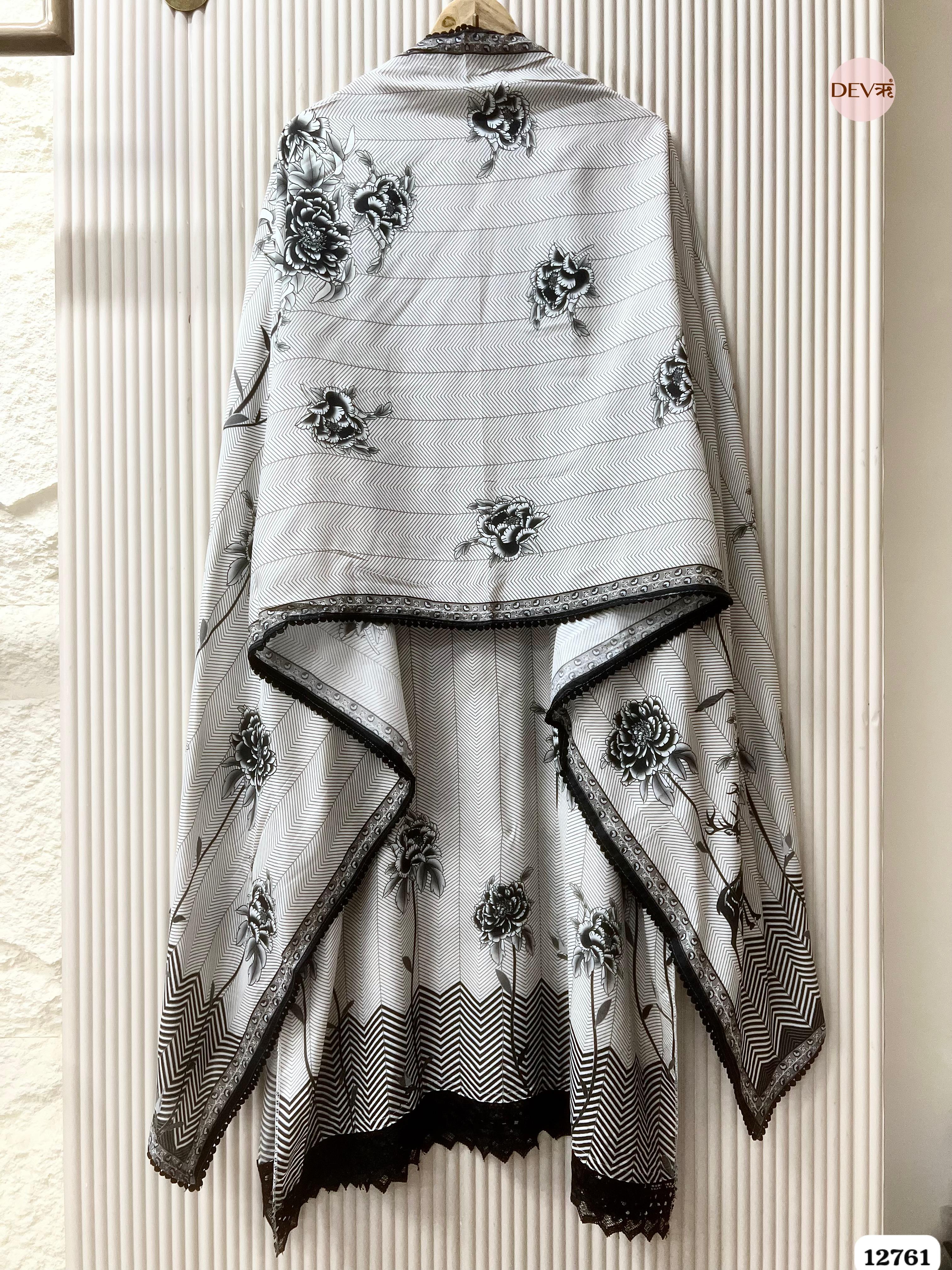 Off-White and Black Muslin Printed Unstitched 3-Piece Suit (Devri – D.No 12761)