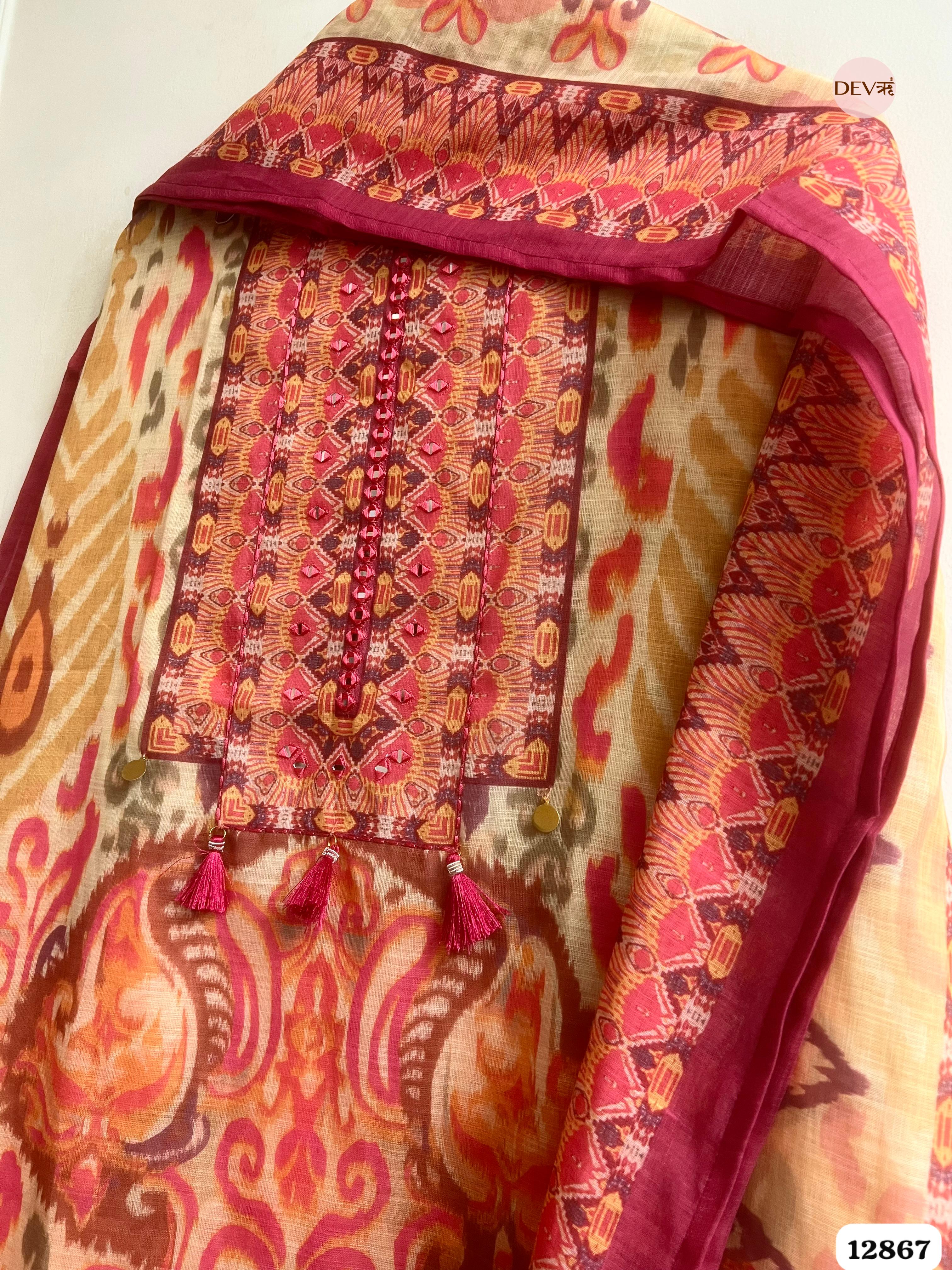 Pink Linen Cotton Printed Unstitched 3-Piece Suit (Devri – D.No 12867)