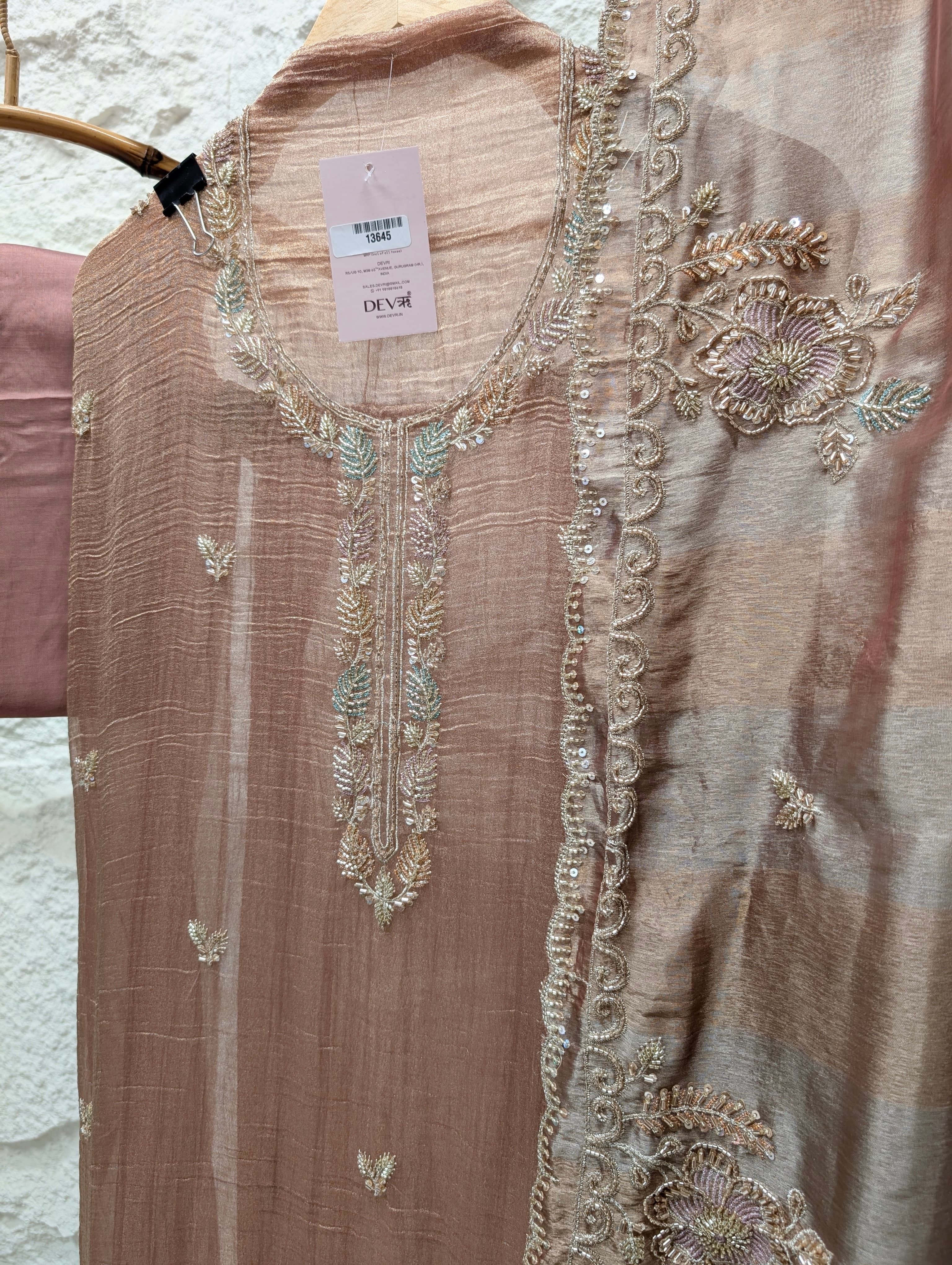 Pink Tissue Crush Silk Embroidered Unstitched 3-Piece Suit (Devri – D.No 13645)
