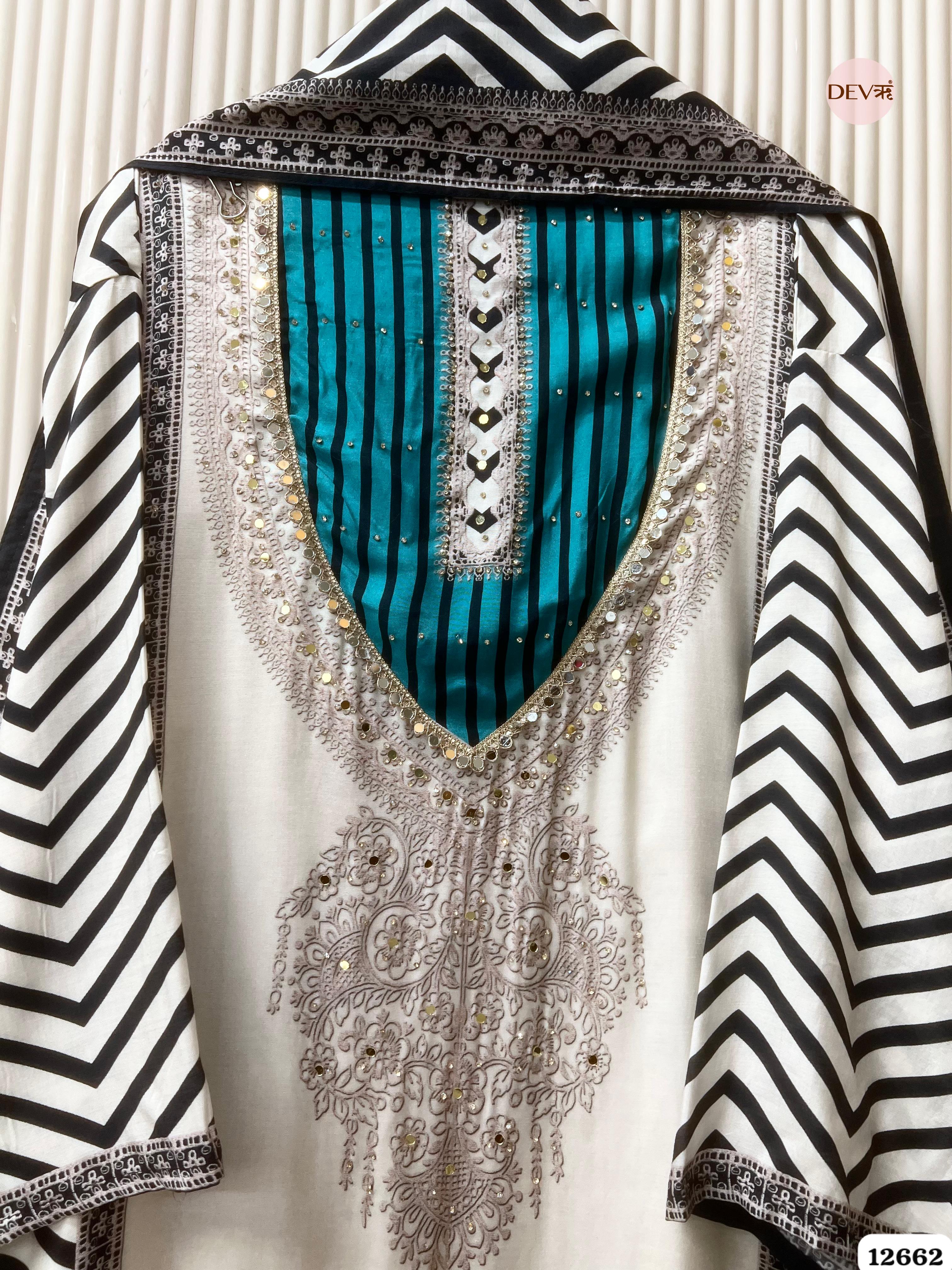 Ivory & Teal Muslin Printed Unstitched 3-Piece Suit (Devri – D.No . 12662)