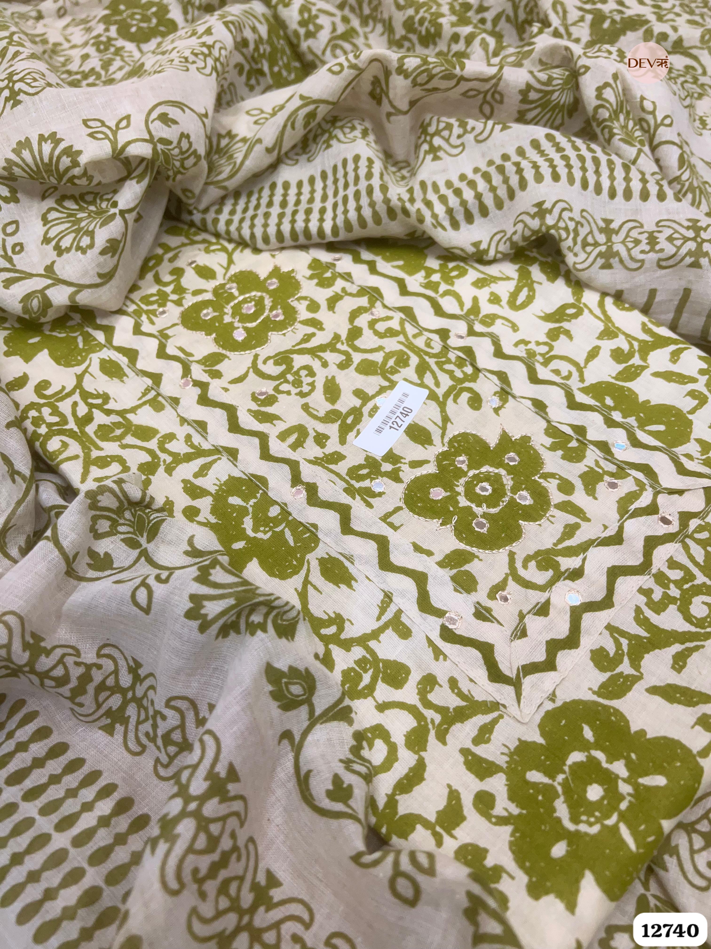 Olive Green Cotton Printed Unstitched 3-Piece Suit (Devri – D.No 12740)