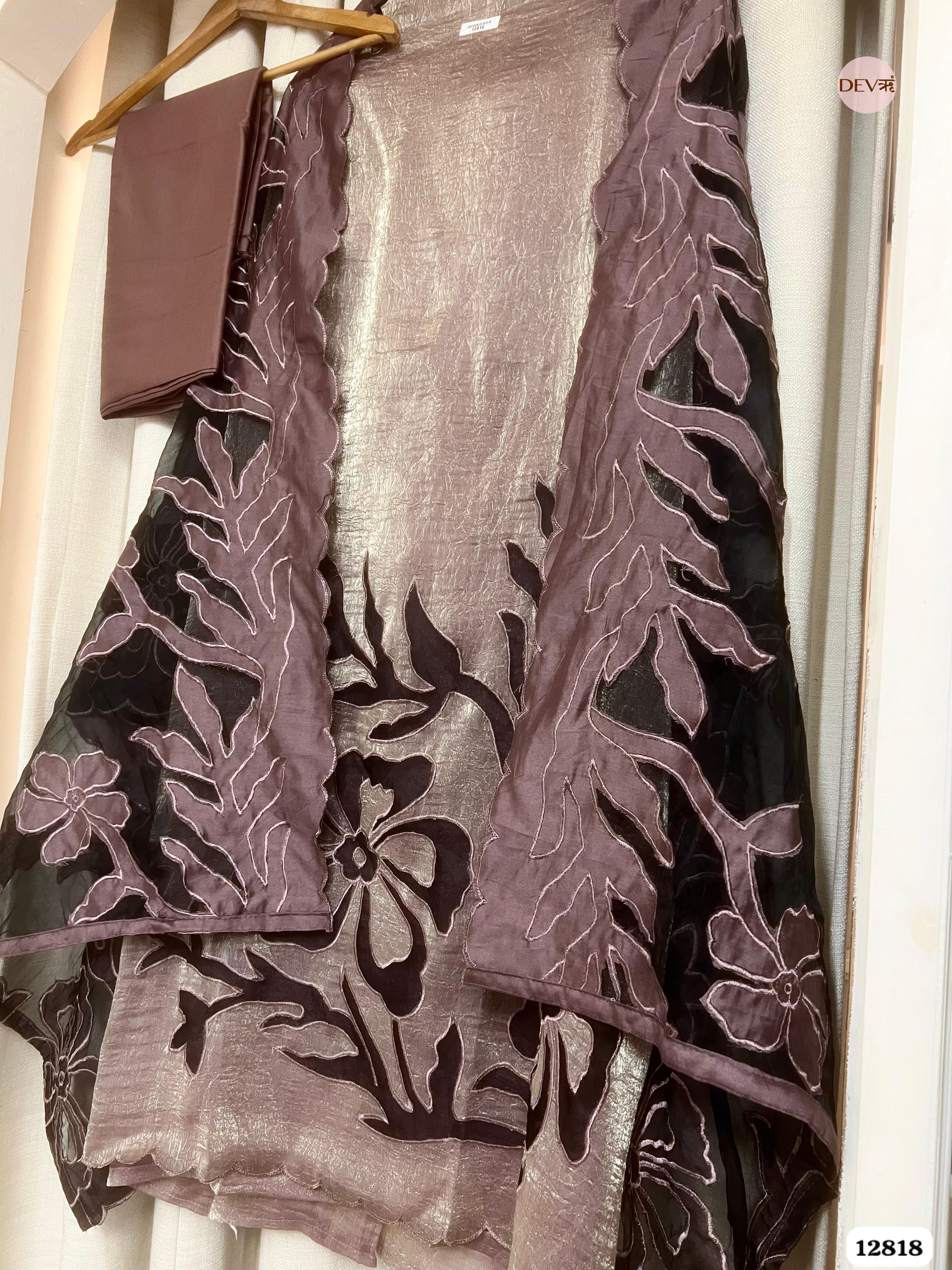 Brown Crush Tissue Silk Embroidered Unstitched 3-Piece Suit (Devri – D.No 12818)