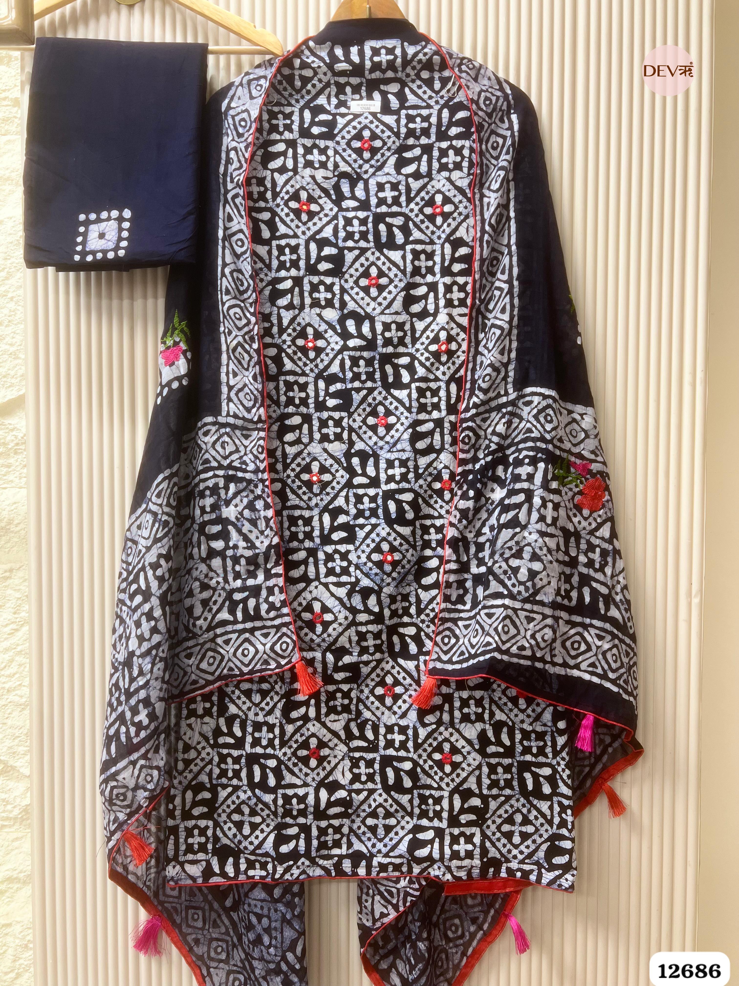 Navy Blue Cotton Batik Printed Unstitched 3-Piece Suit (Devri – D.No 12686)
