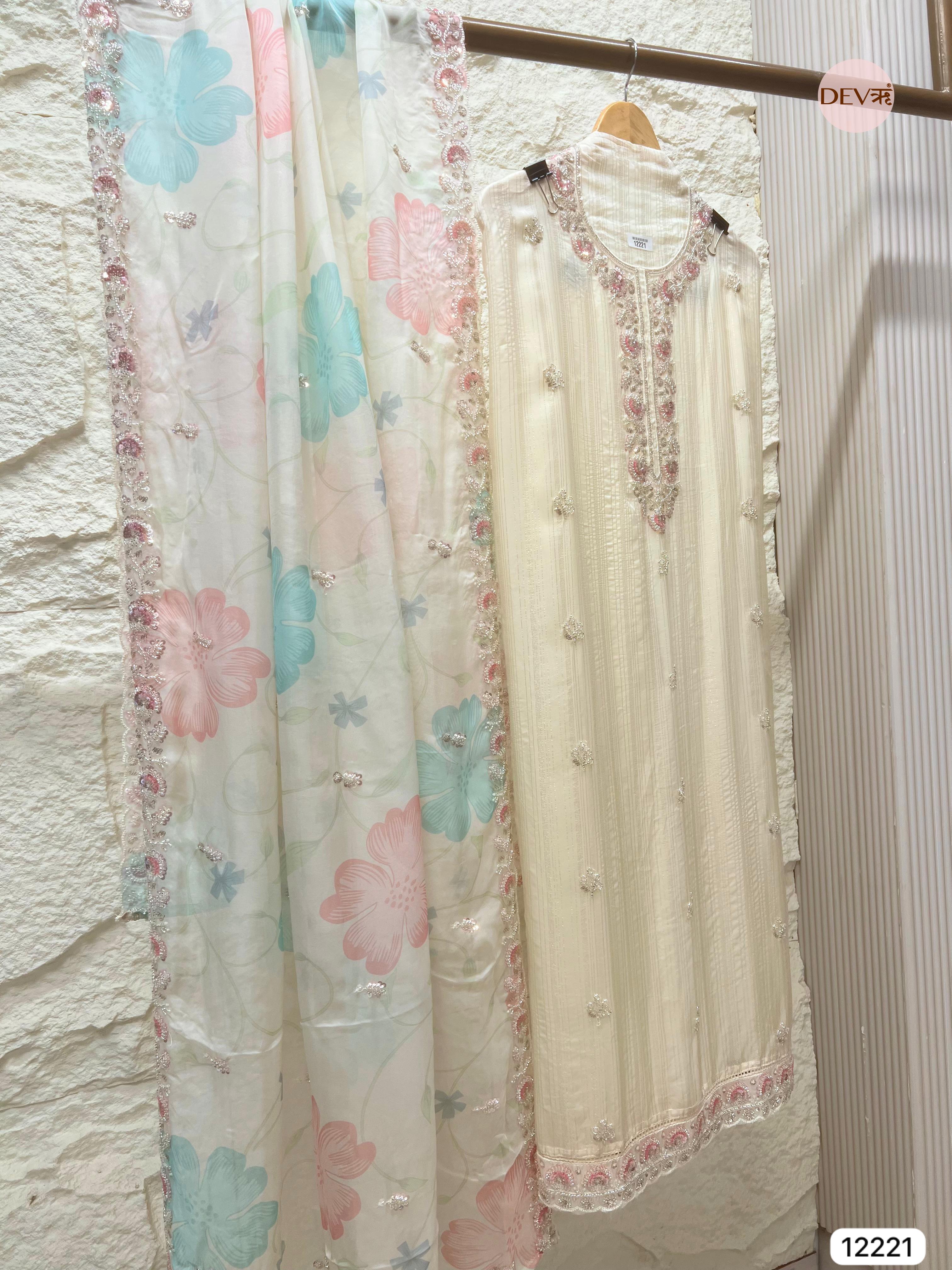 Ivory Pure Organza Hand-Embroidered Unstitched 3-Piece Suit (Devri – D.No 12221)