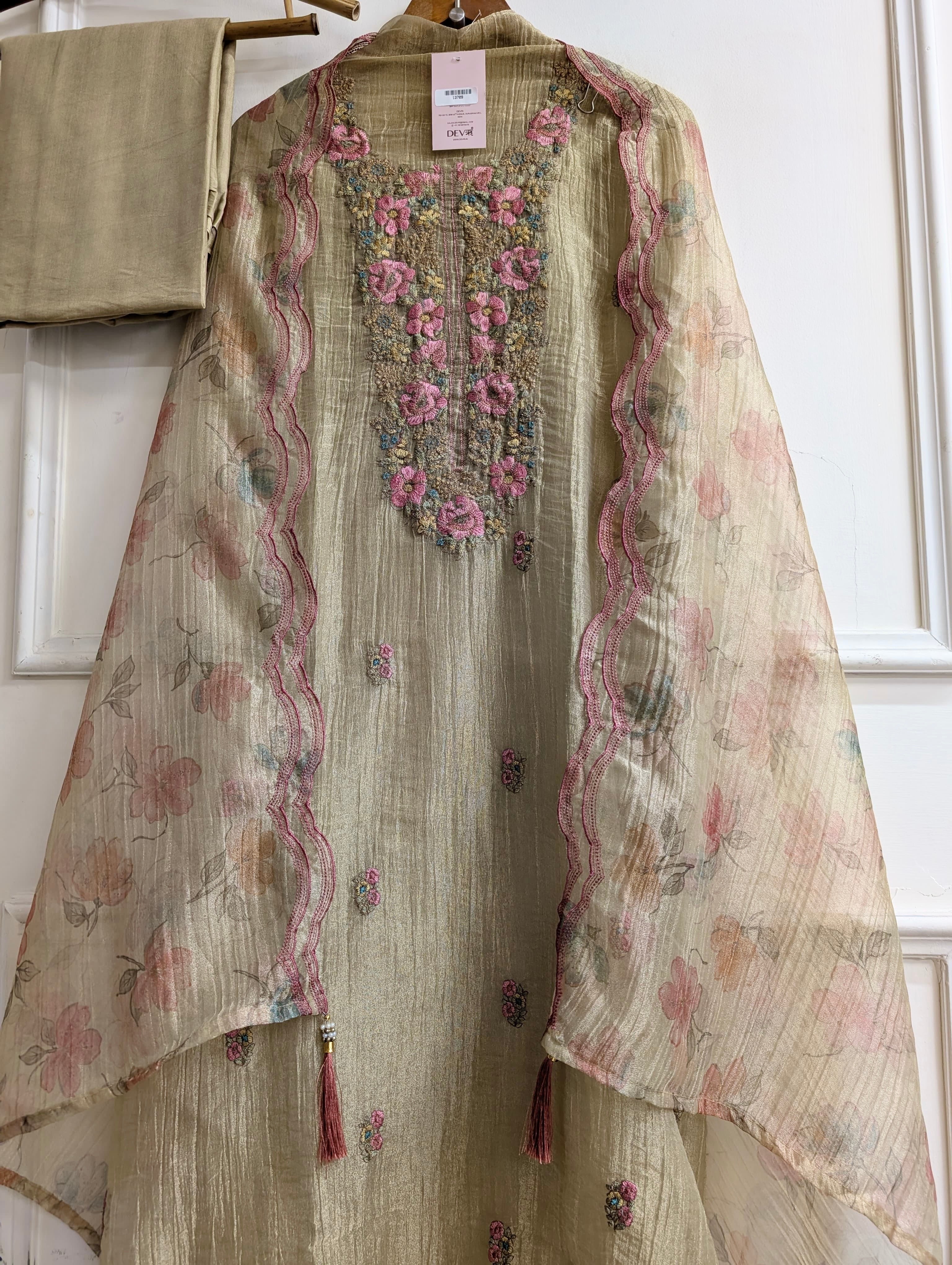 Beige Crush Tissue Silk Embroidered Unstitched 3-Piece Suit (Devri – D.No 13709)