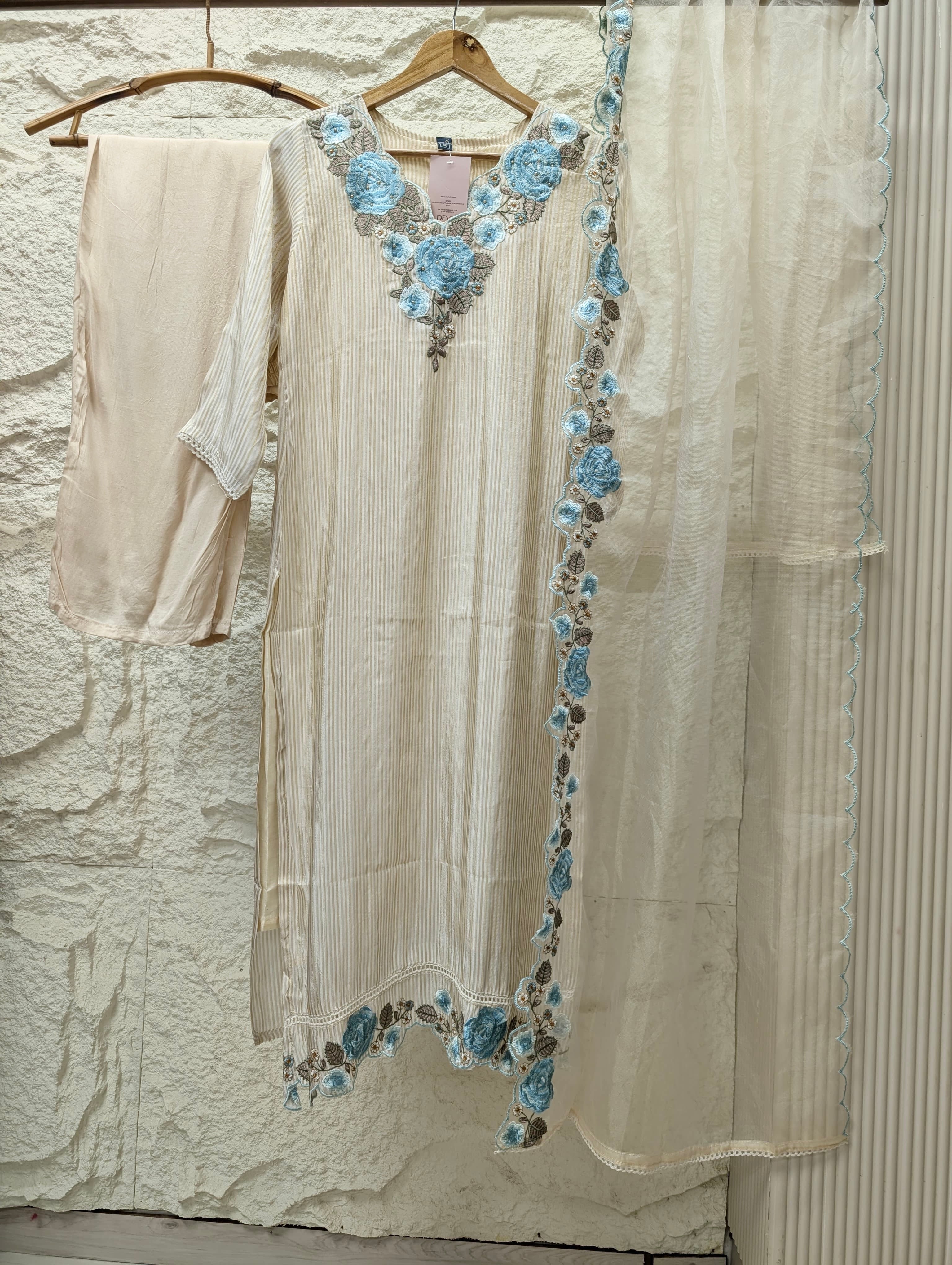 Gulnaar Tissue silk Embroidered Ivory 3-Piece Set (Devri – D.No 13796)