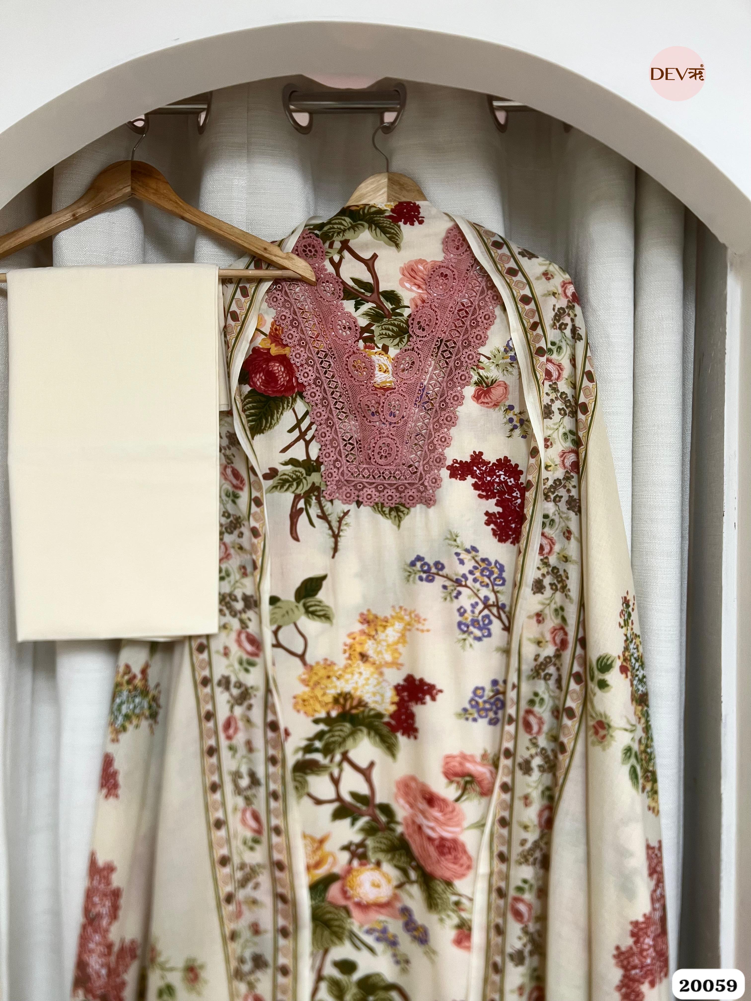Ivory Cotton Printed Unstitched 3-Piece Suit (Devri – D.No. 20059)