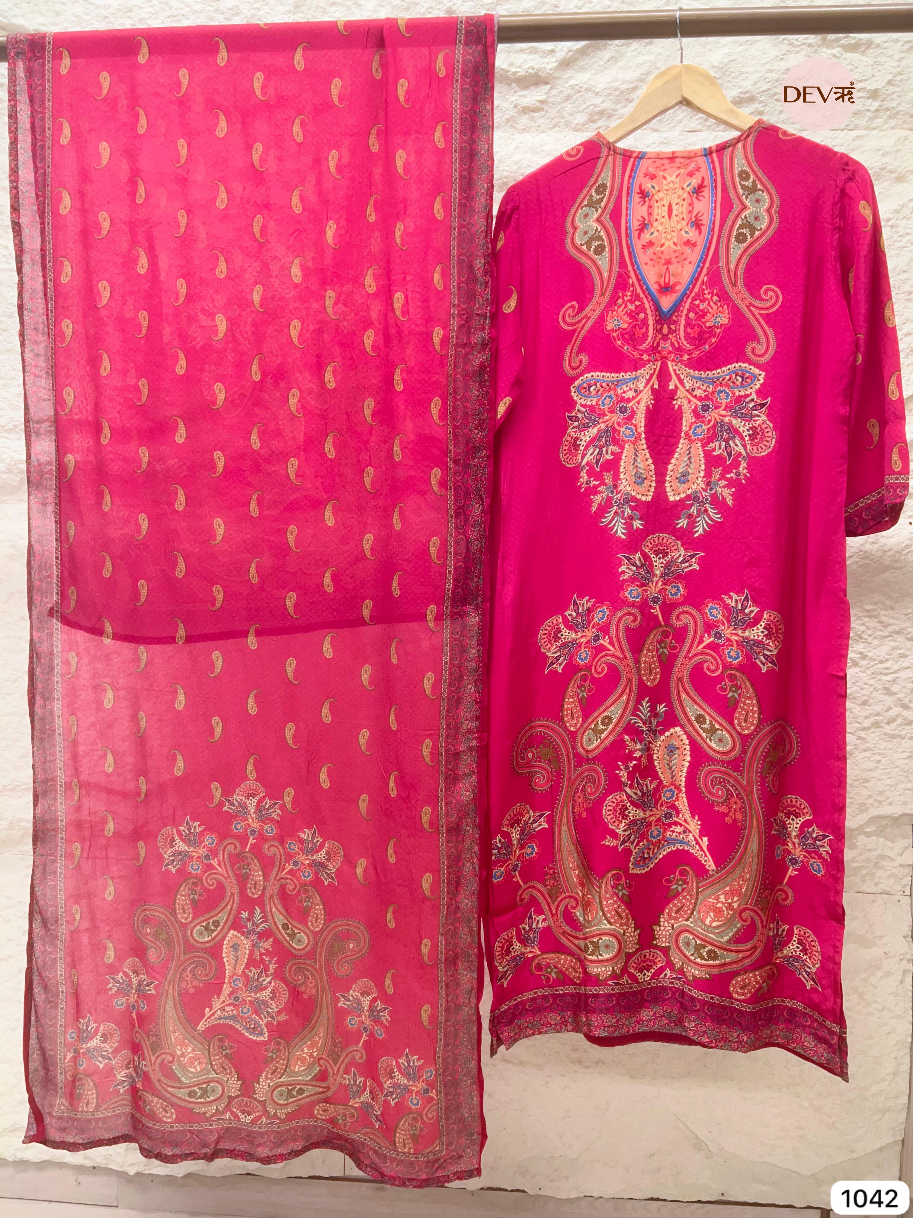 Meher Pure Natural Crepe Embroidered Rani Pink 3-Piece Set (Devri – D.No 1042)