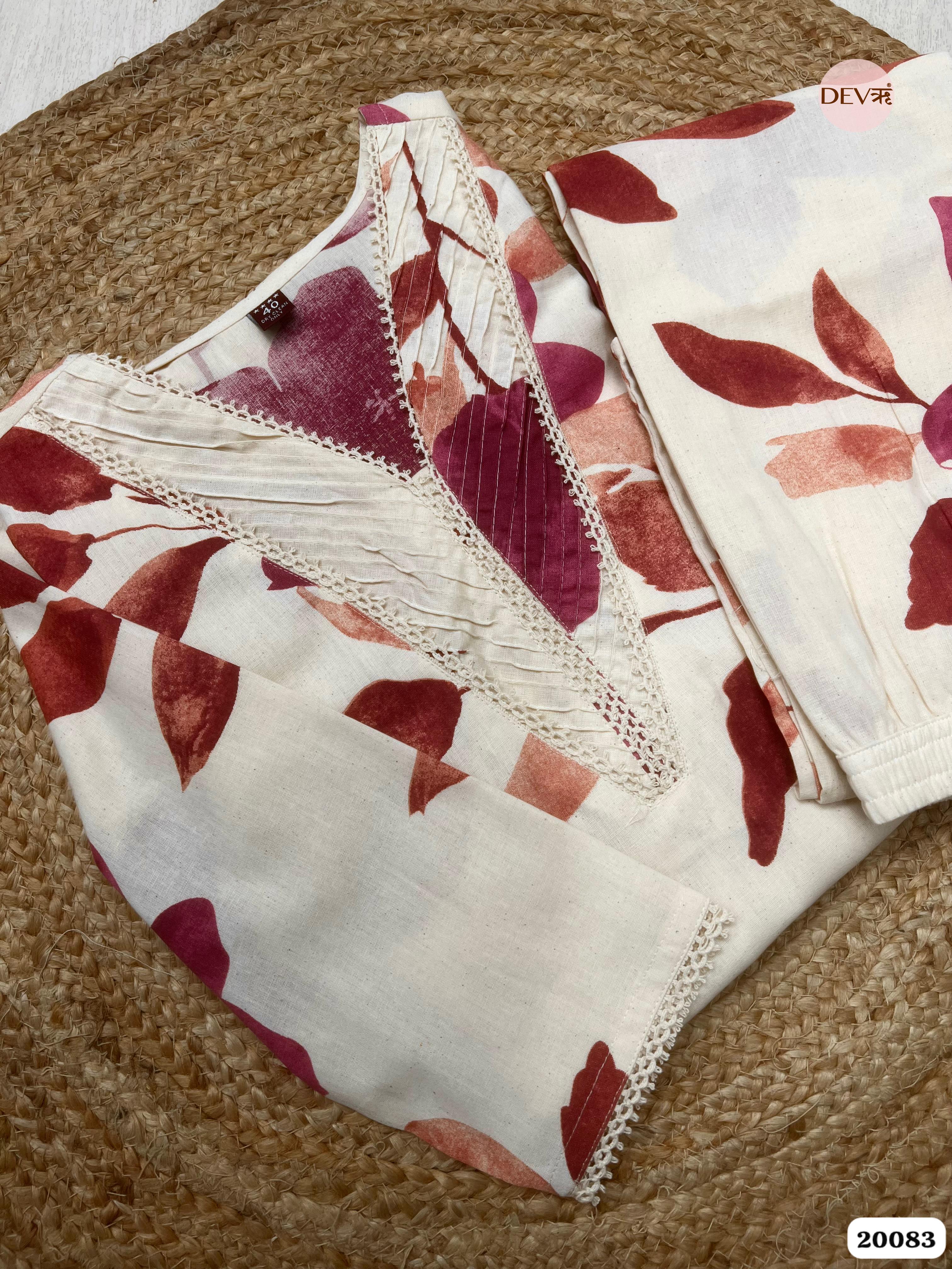 Vanya Cotton Printed Cream & Plum 2-Piece Set (Devri – D.No 20083)