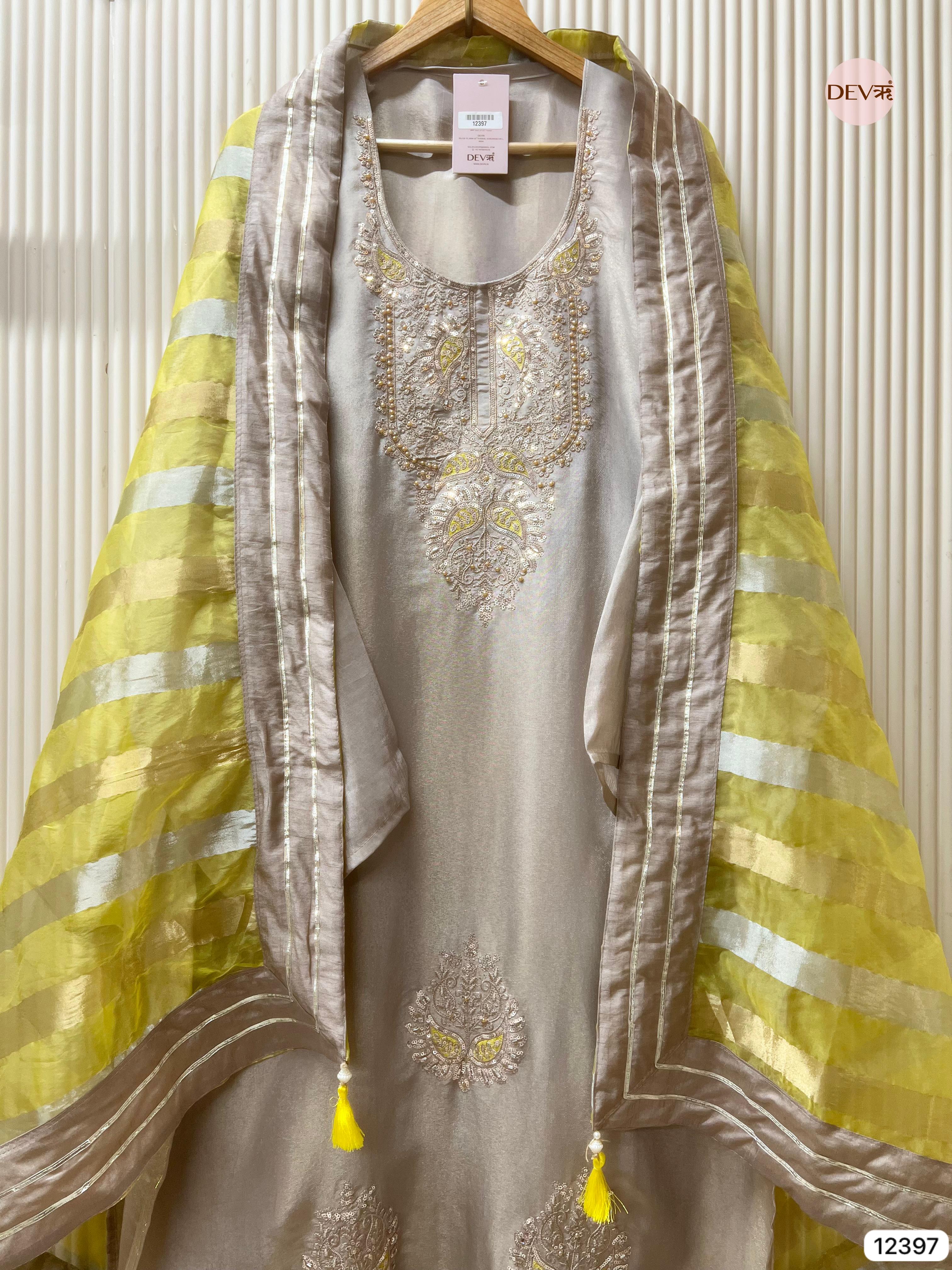 Soft Grey Shimmer Silk Embroidered Unstitched 3-Piece Suit (Devri – D.No 12397)