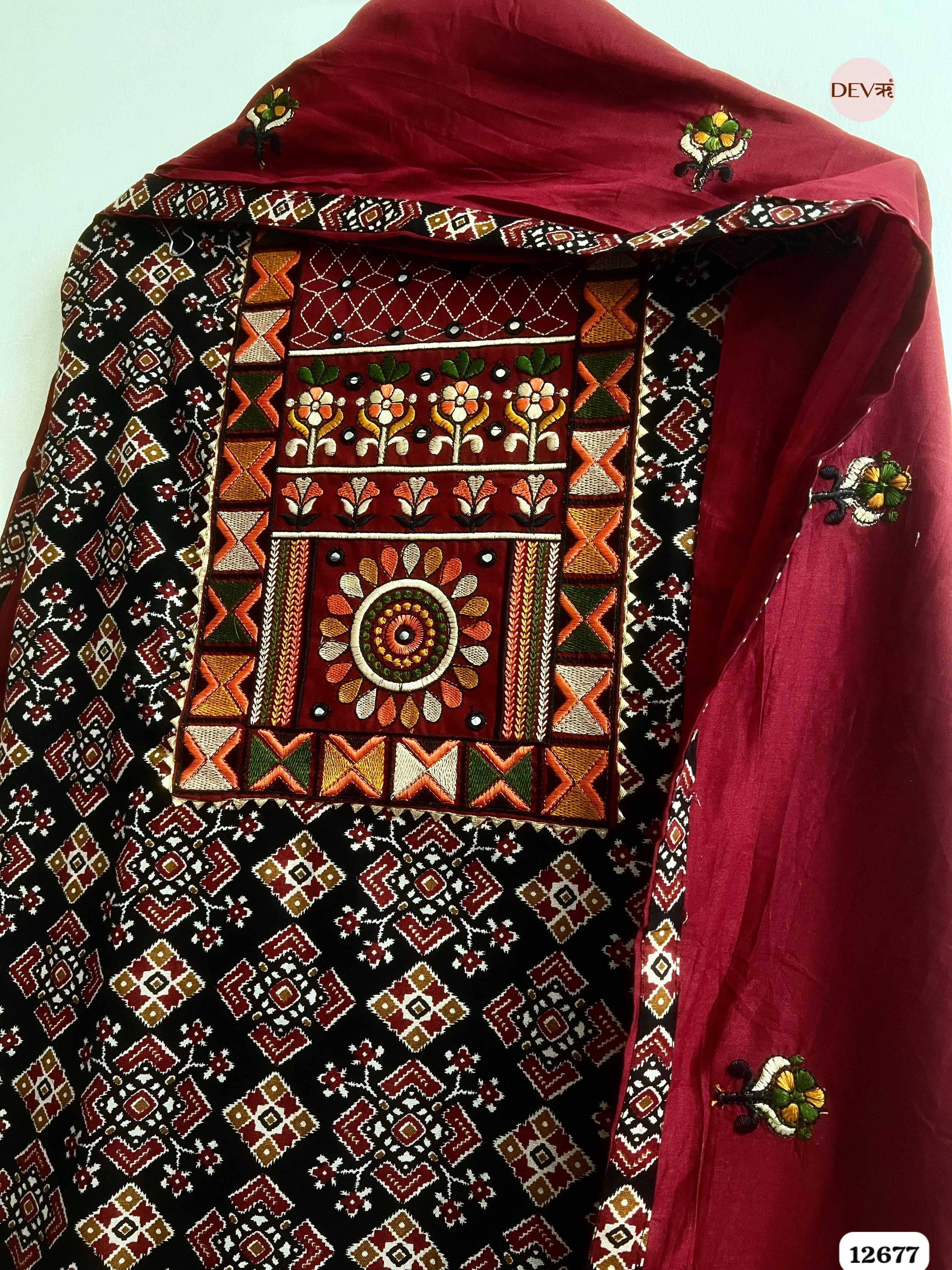 Maroon Modal Silk Printed Unstitched 3-Piece Suit (Devri – D.No 12677)