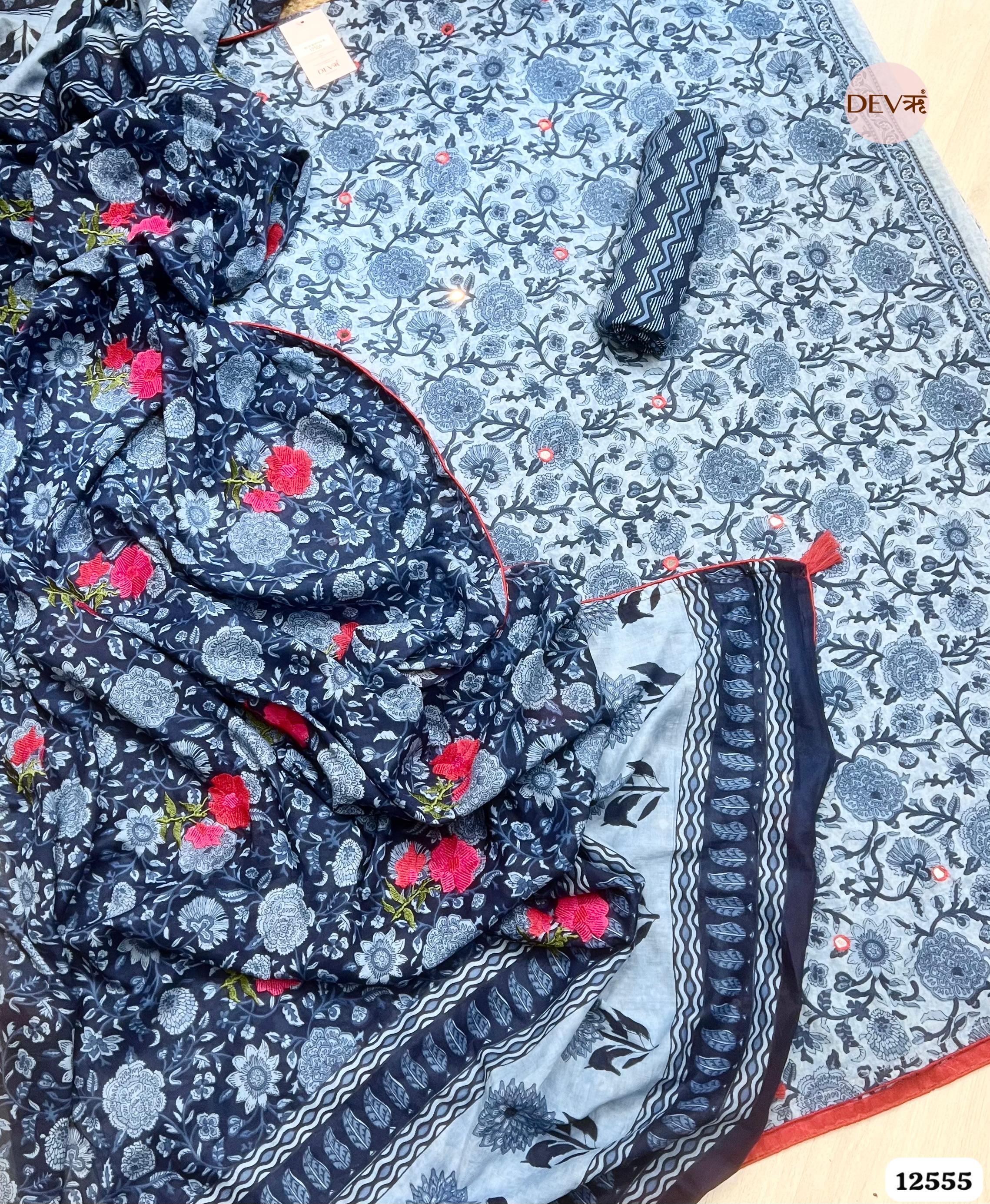 Blue Pure Cotton Printed Unstitched 3-Piece Suit (Devri – D.No 12555)