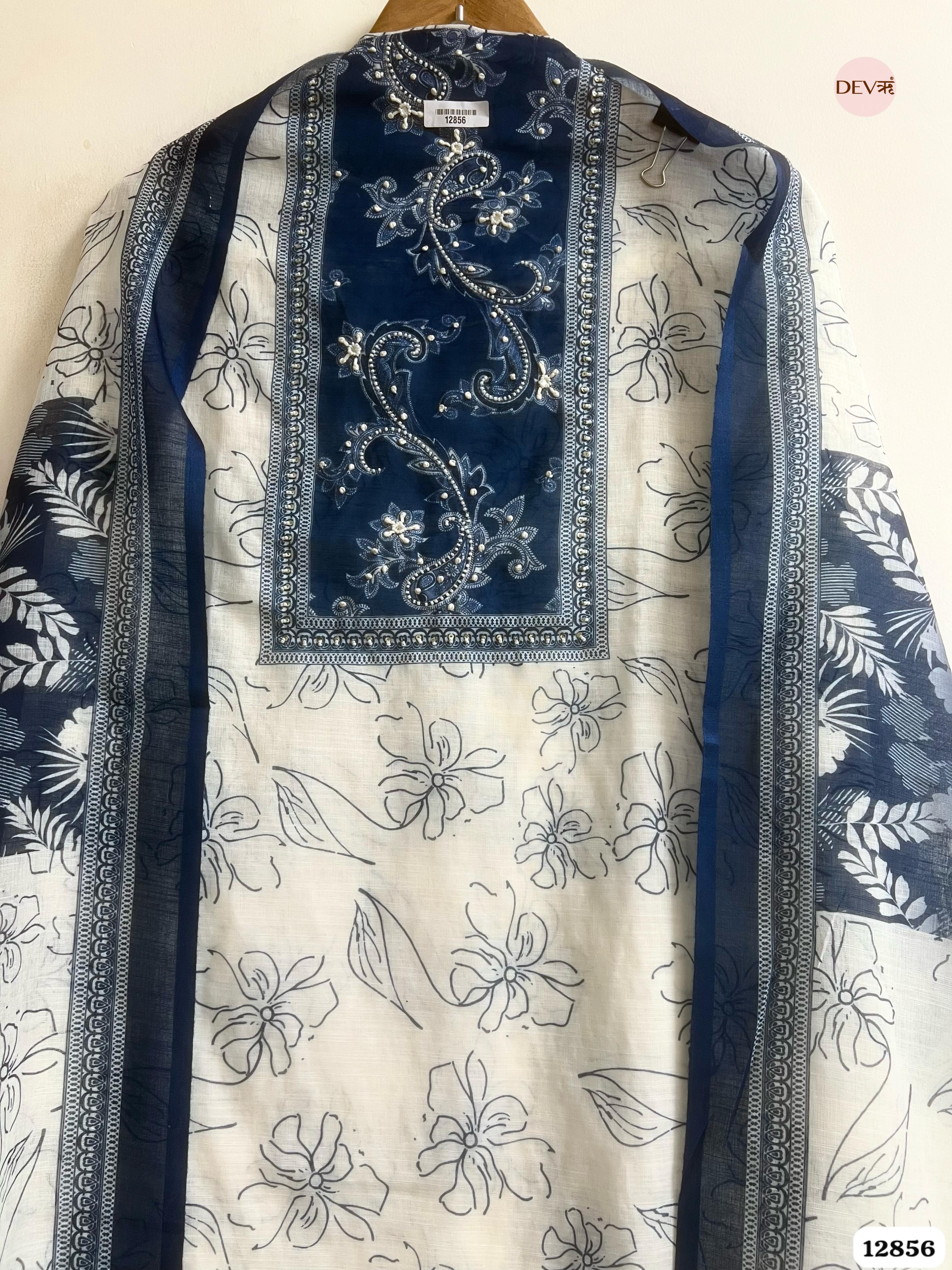Cream Linen Cotton Printed Unstitched 3-Piece Suit (Devri – D.No 12856)
