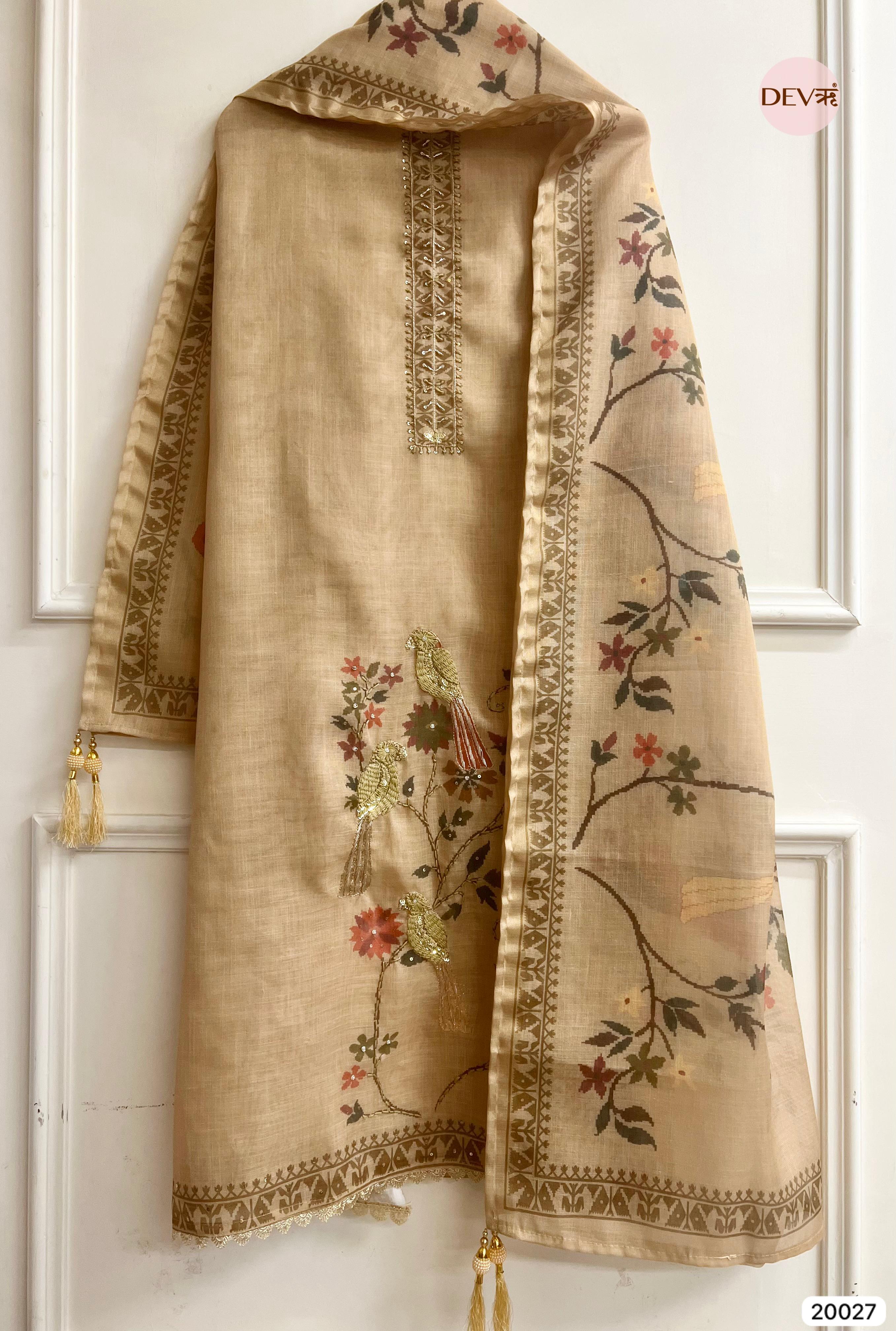 Warm Beige Pure Linen Embroidered Unstitched 3-Piece Suit (Devri – D.No .20027)