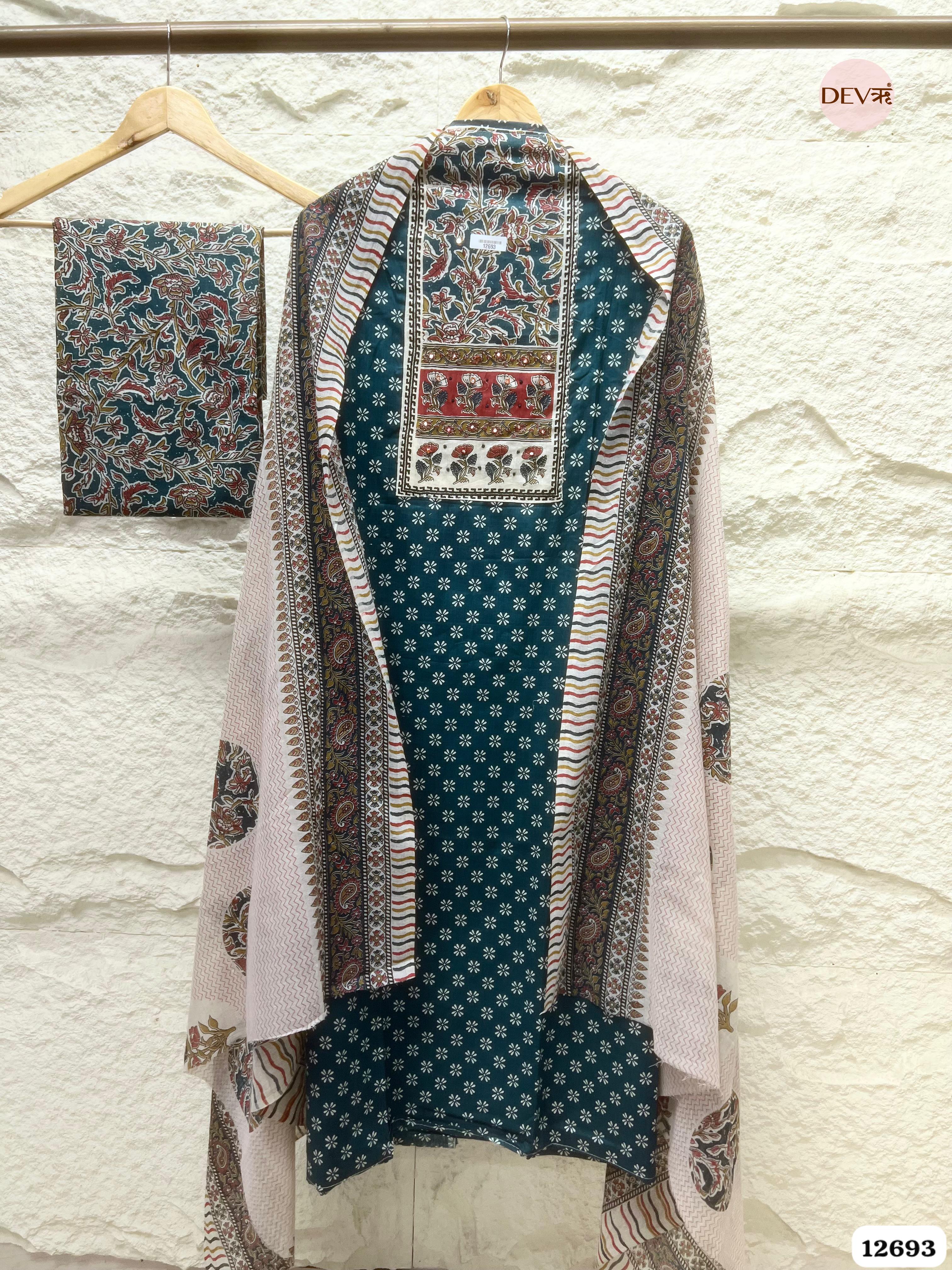 Teal Cotton Printed Unstitched 3-Piece Suit (Devri – D.No 12693)