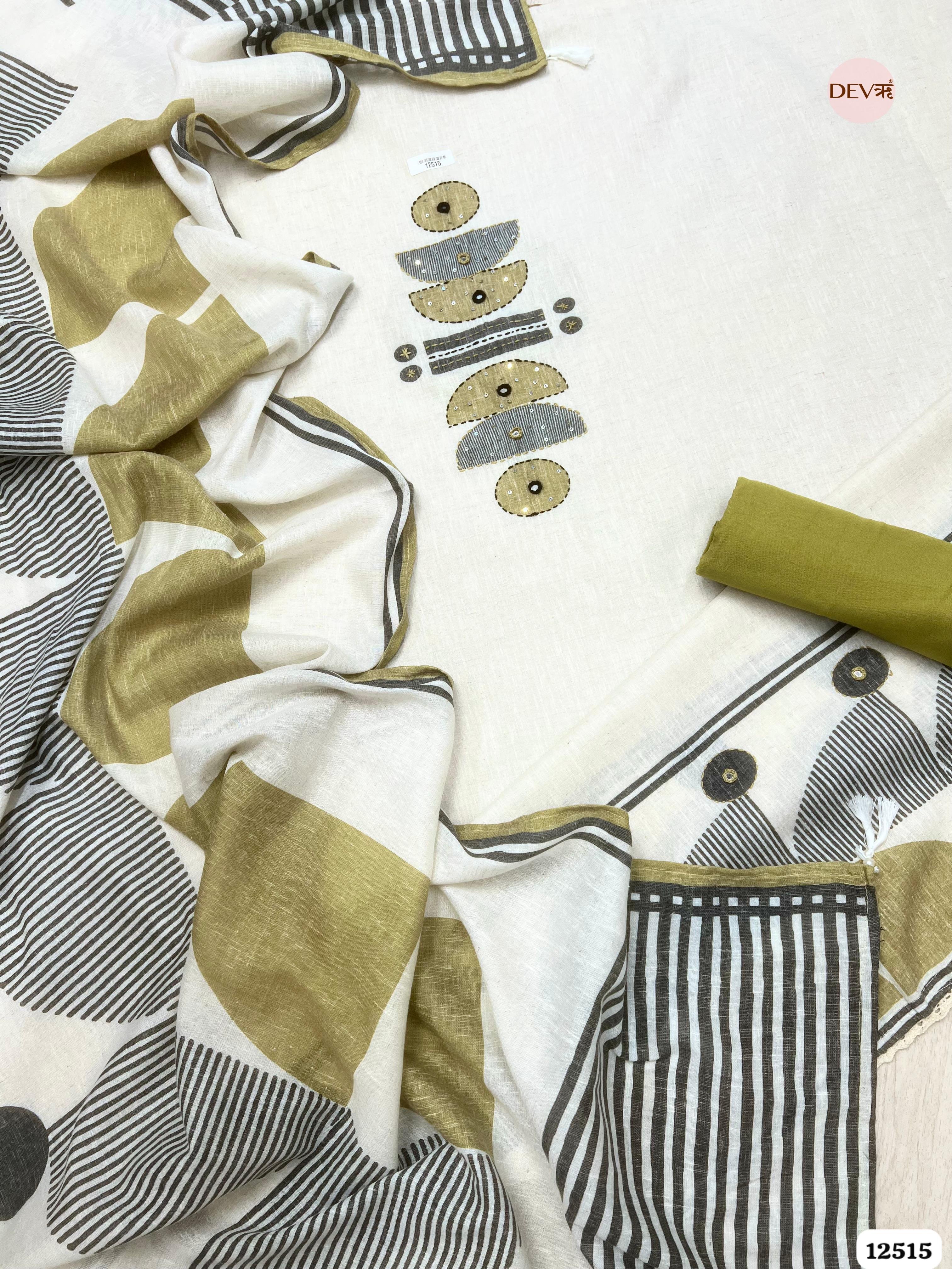 Ivory & Olive Linen Cotton Printed Unstitched 3-Piece Suit (Devri – D.No 12515)