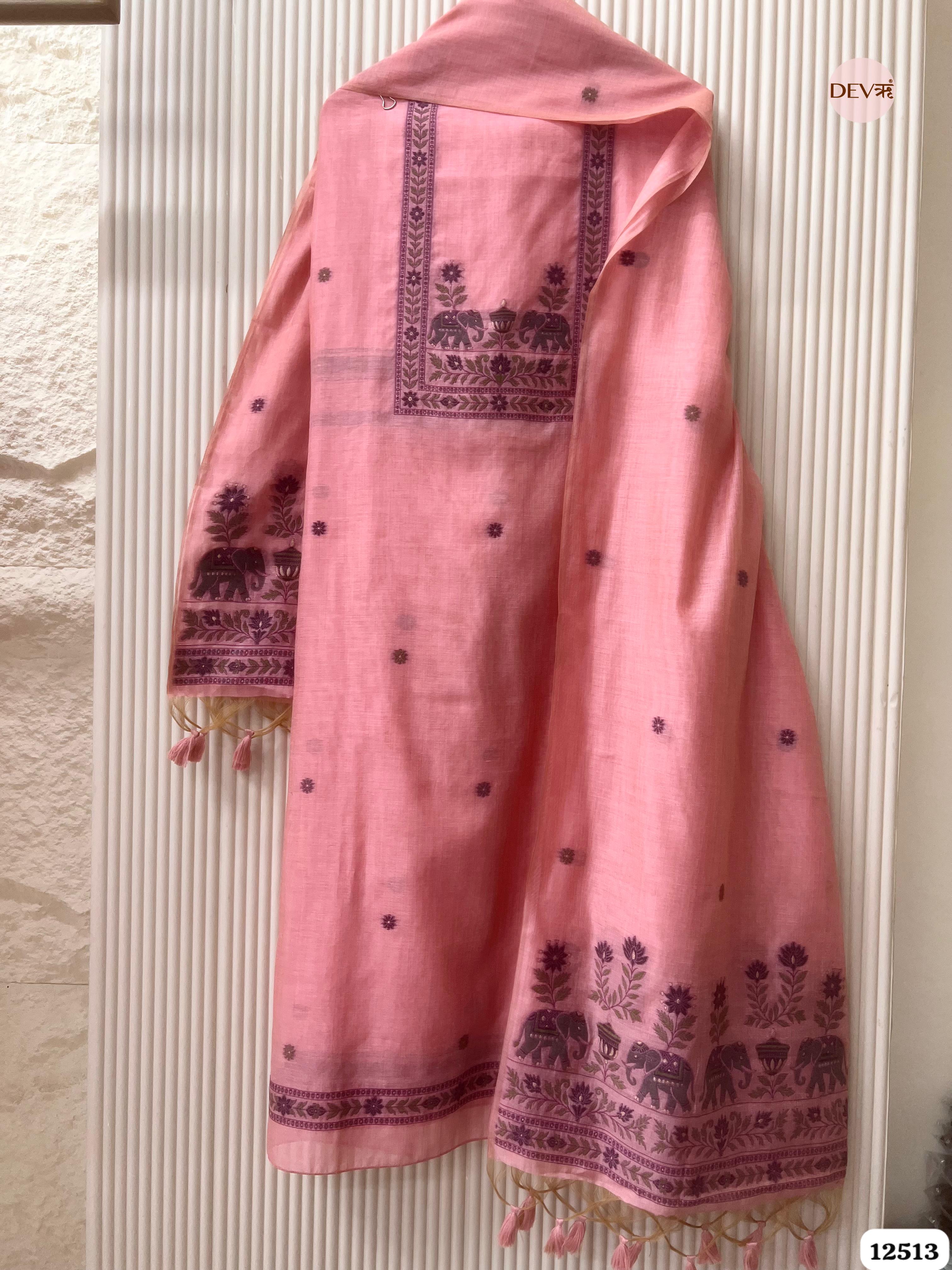 Pink Jamdani Embroidered Unstitched 3-Piece Suit (Devri – D.No 12513)
