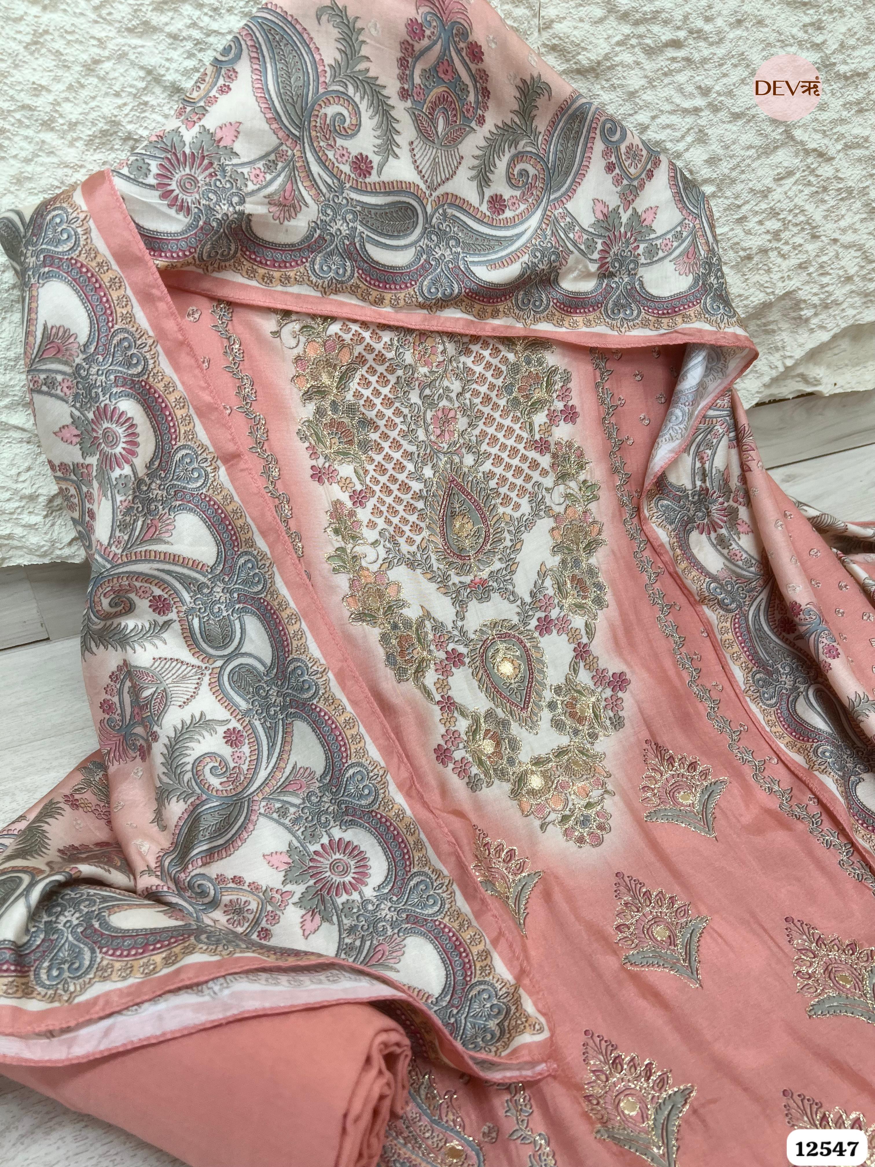 Peach Muslin Embroidered Unstitched 3-Piece Suit (Devri – D.No 12547)