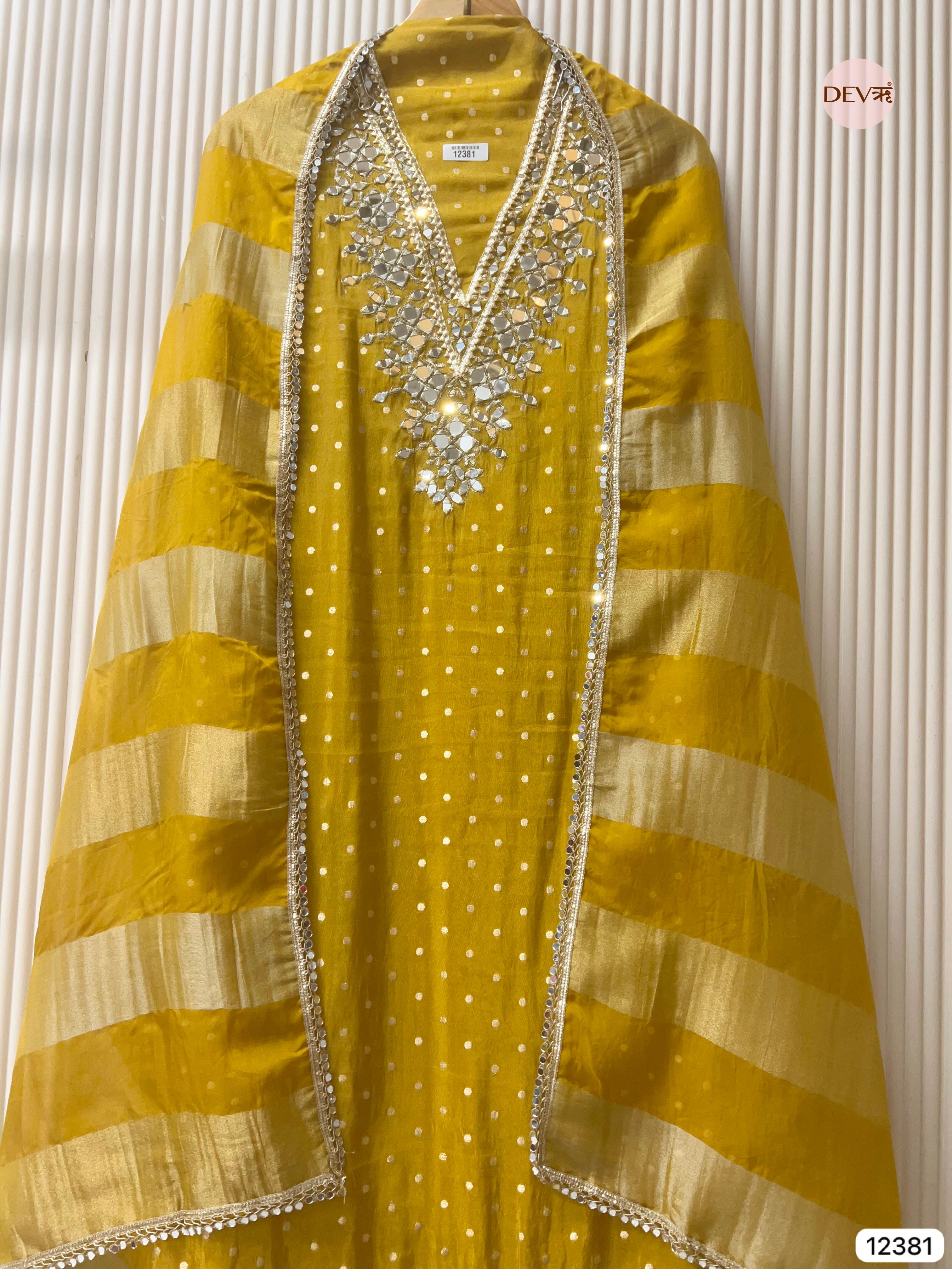 Mustard Yellow Tissue Silk Embroidered Unstitched 3-Piece Suit (Devri – D.No 12381)