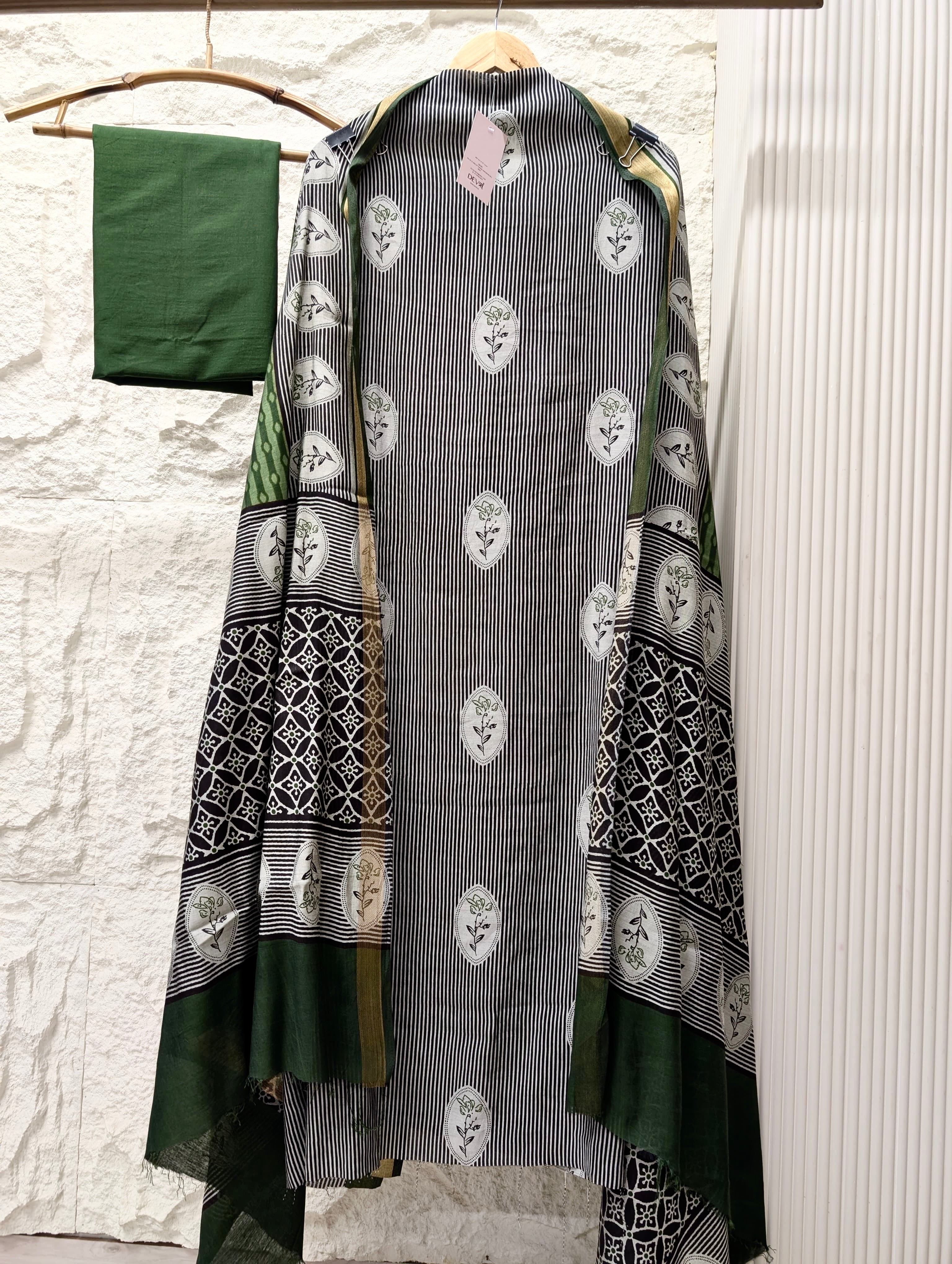 Black Maheshwari Silk Printed Unstitched 3-Piece Suit (Devri – D.No 13626)