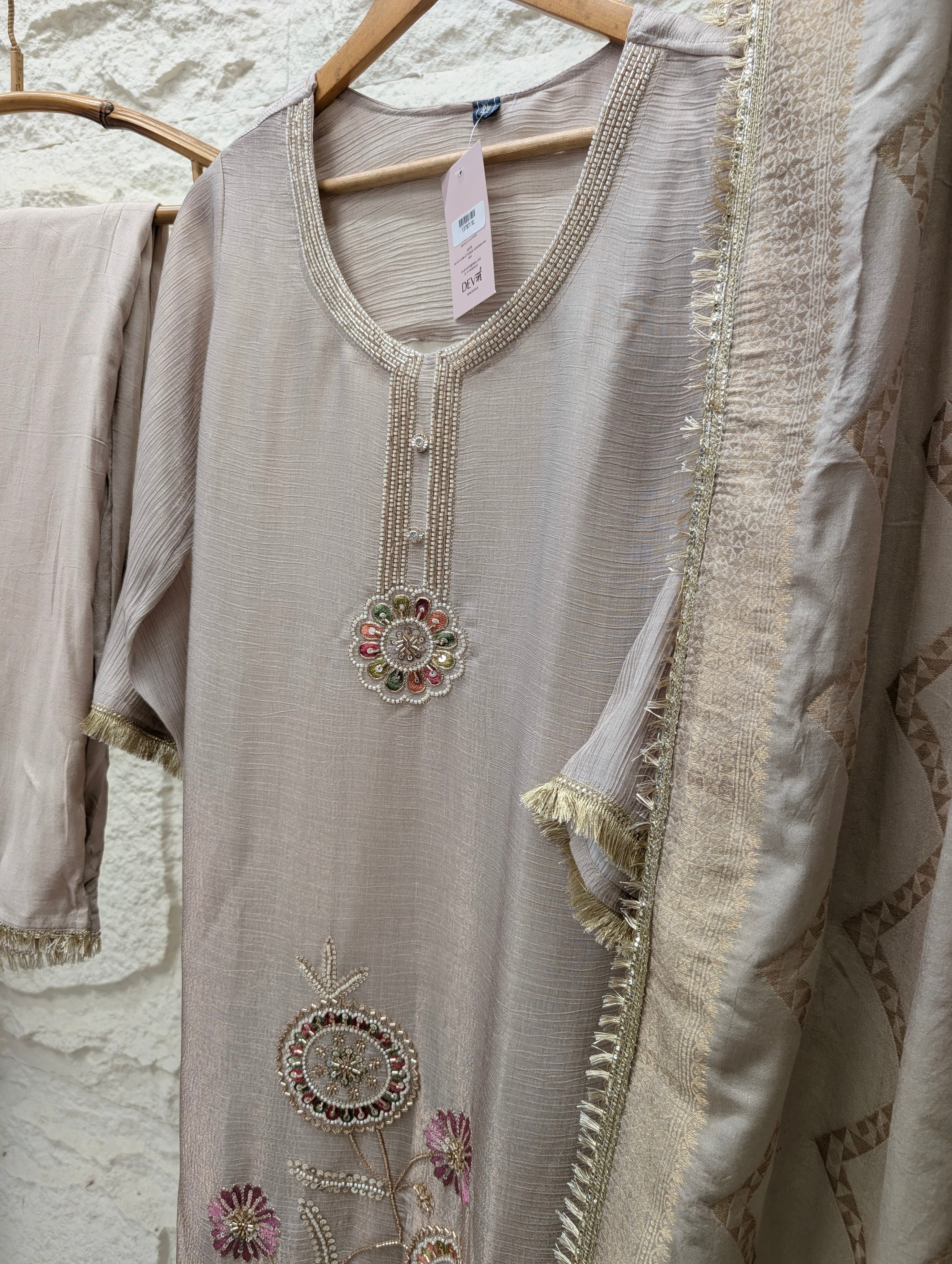 Gulnaar Tissue silk blend Embroidered Beige 3-Piece Set (Devri – D.No 13707)