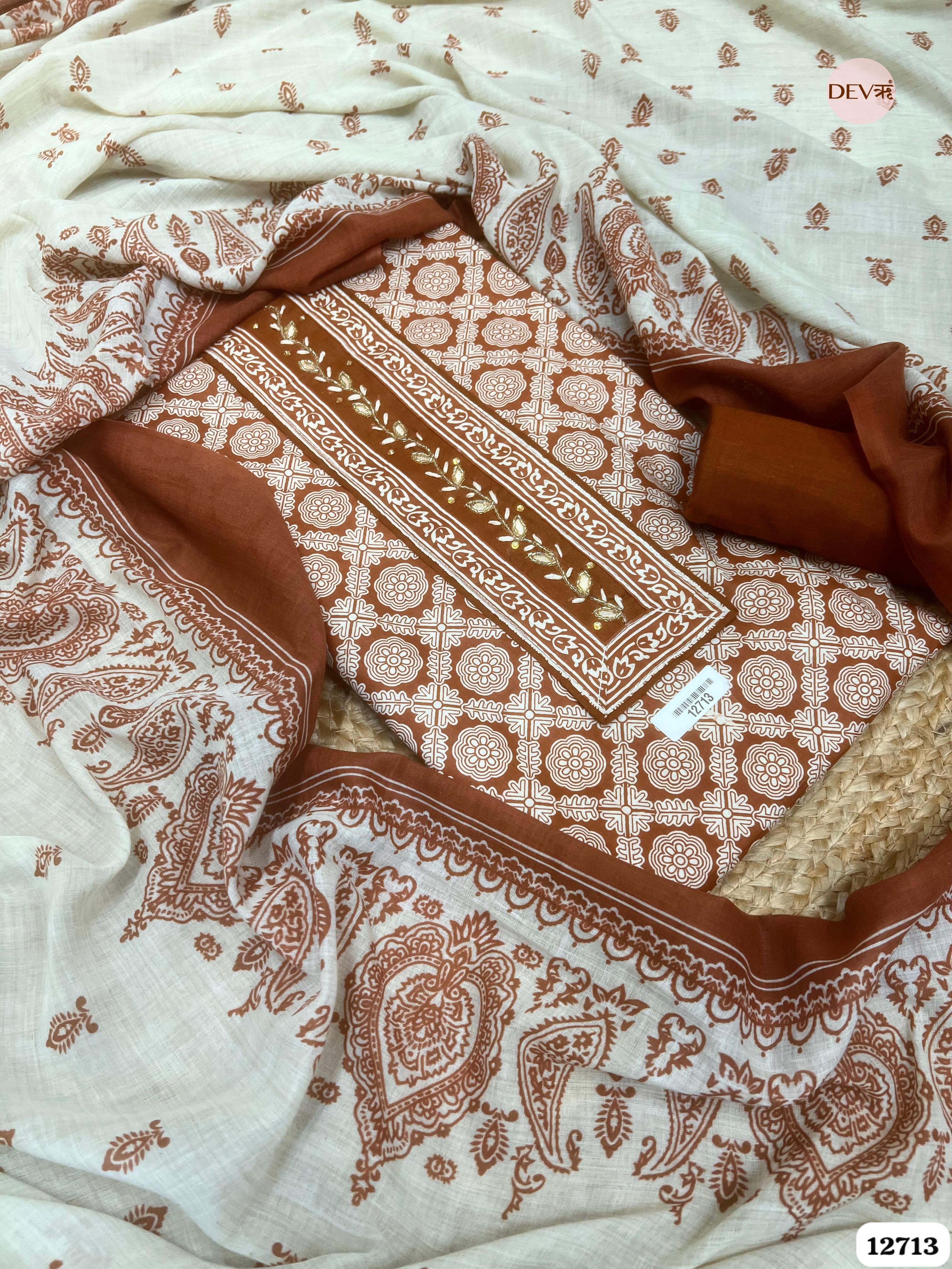 Rust Brown Cotton Printed Unstitched 3-Piece Suit (Devri – D.No 12713)