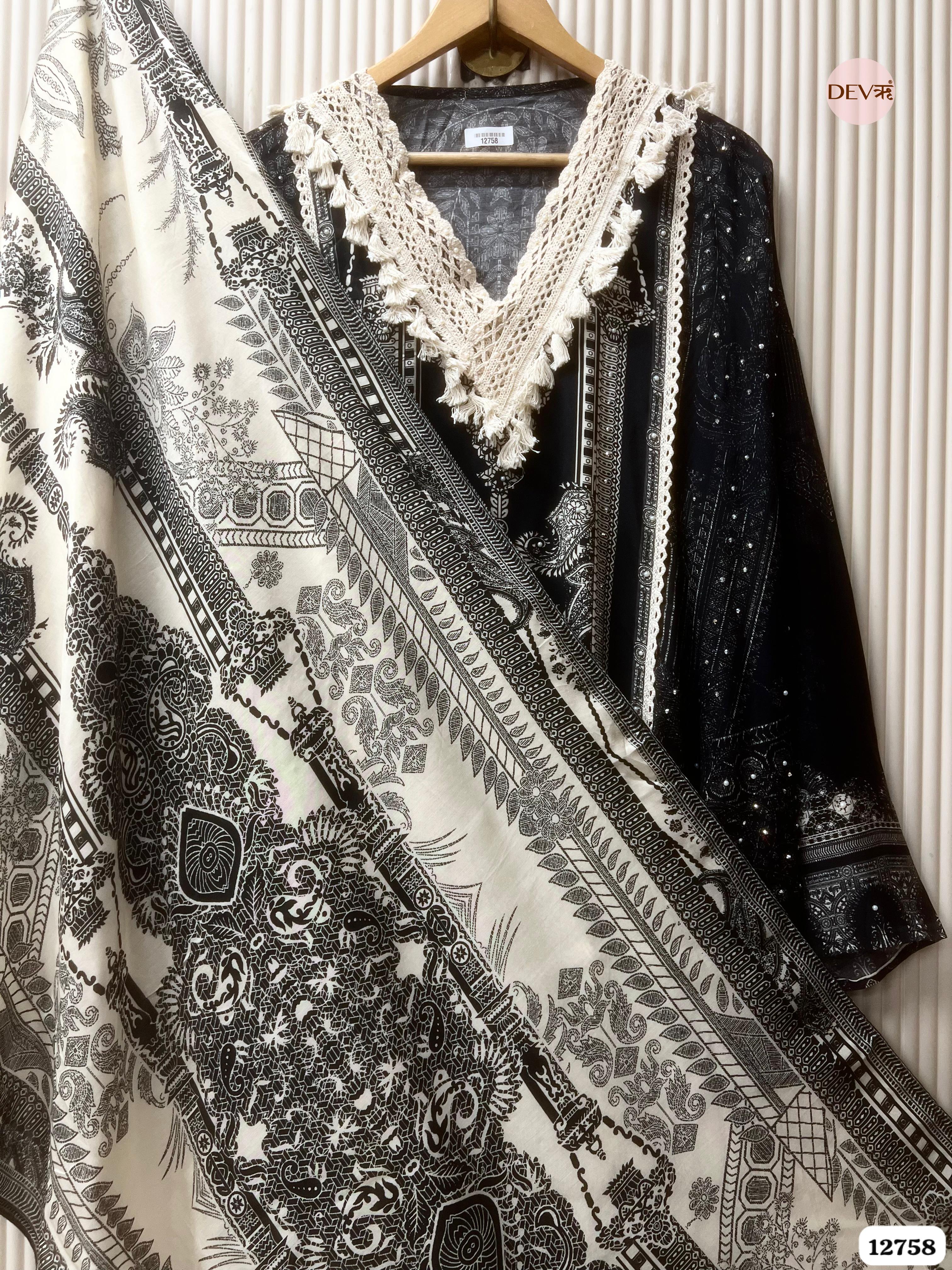 Black Muslin Printed Unstitched 3-Piece Suit (Devri – D.No 12758)