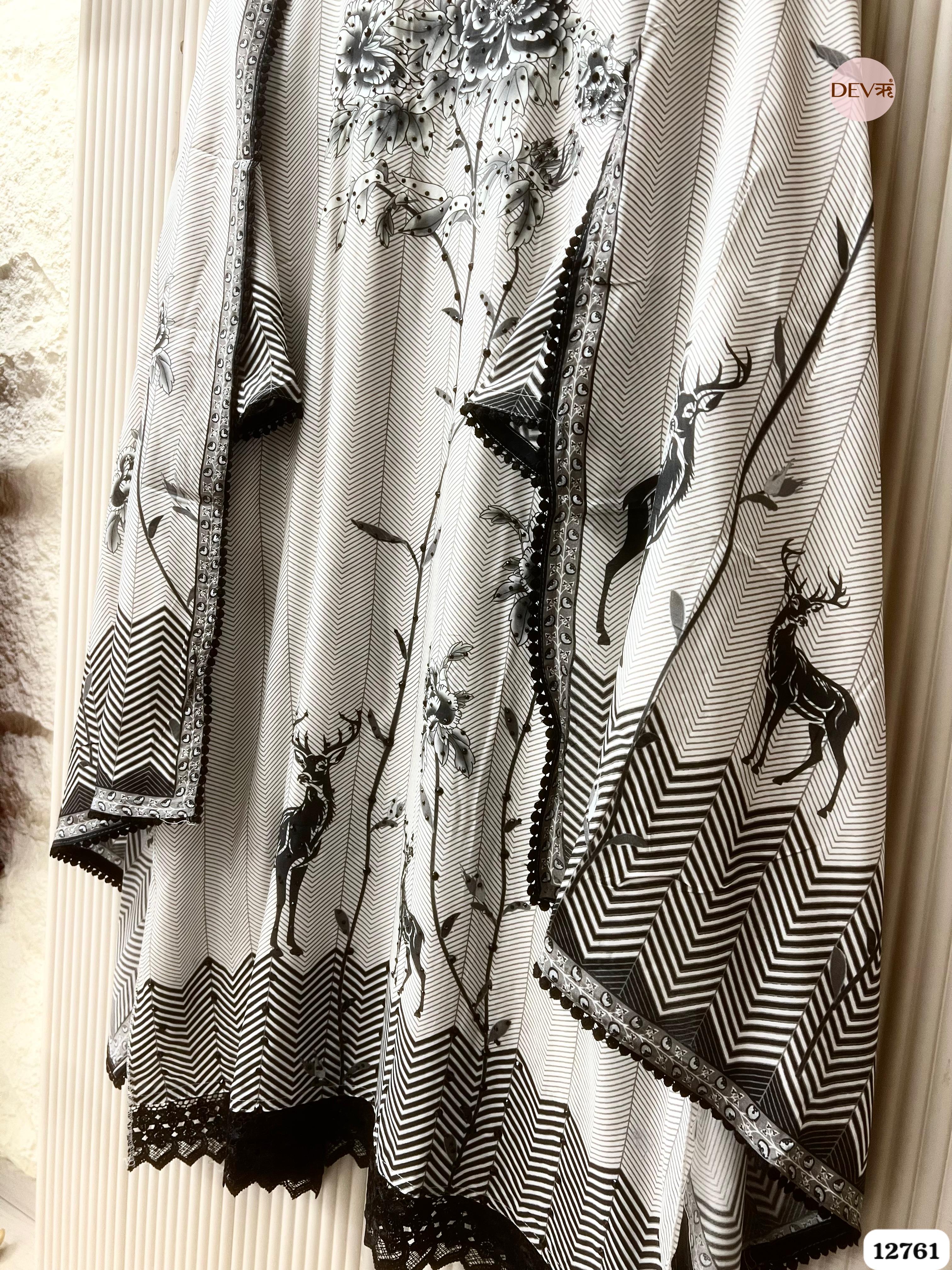 Off-White and Black Muslin Printed Unstitched 3-Piece Suit (Devri – D.No 12761)