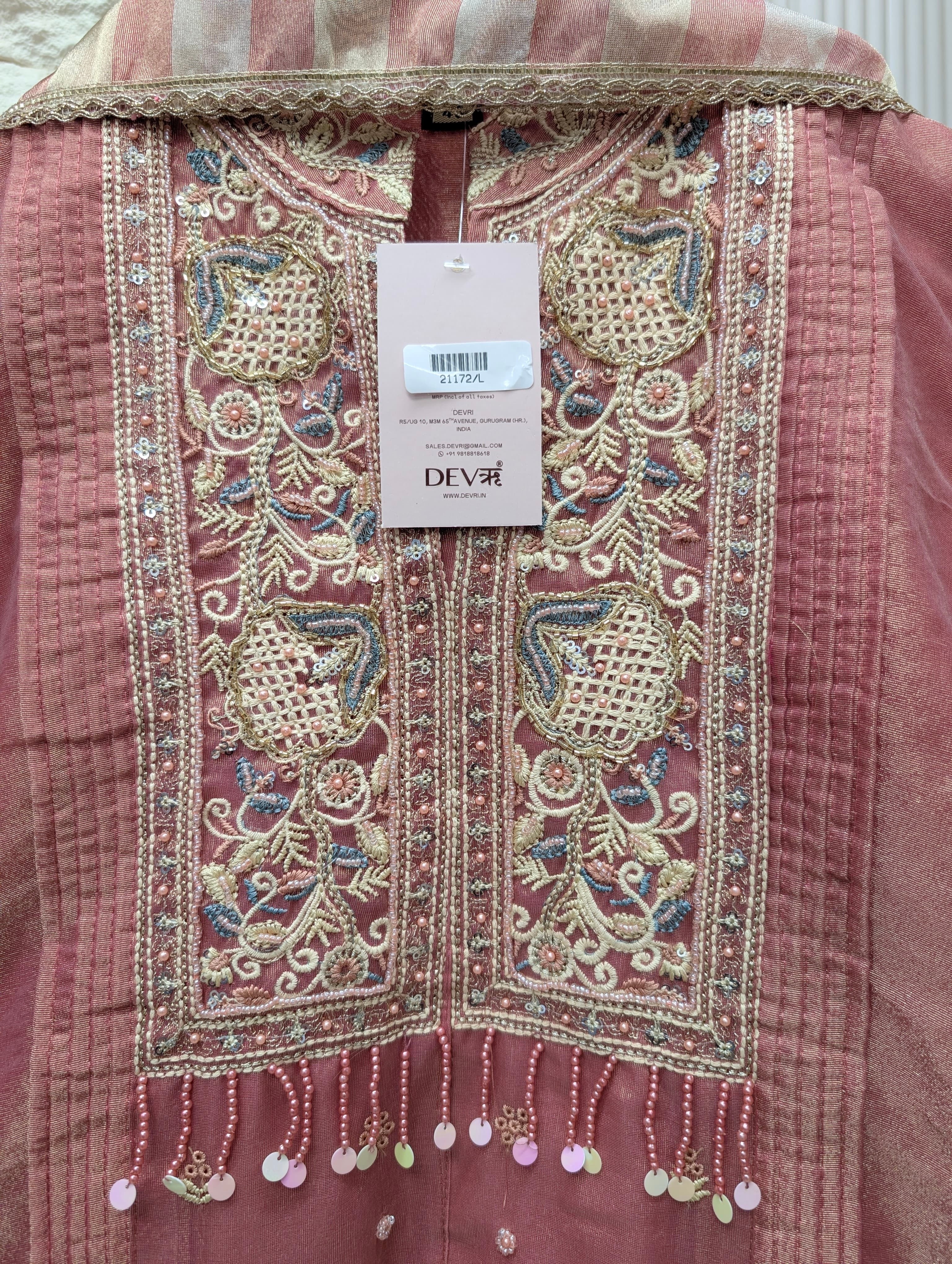Gulnaar Tissue silk Embroidered Pink 3-Piece Set (Devri – D.No 21172)