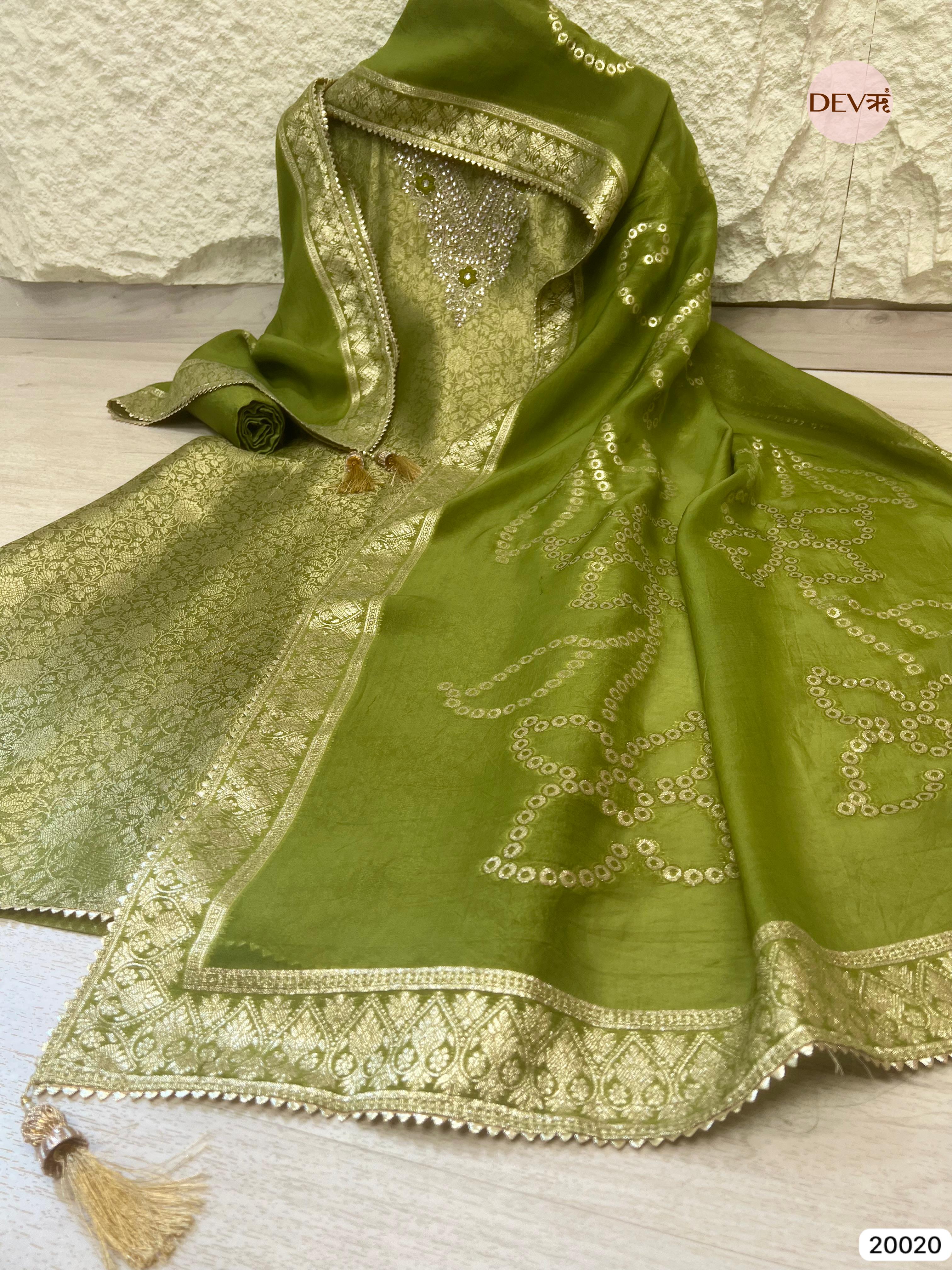 Olive Green Tissue Jacquard Embroidered Unstitched 3-Piece Suit (Devri – D.No 20020)