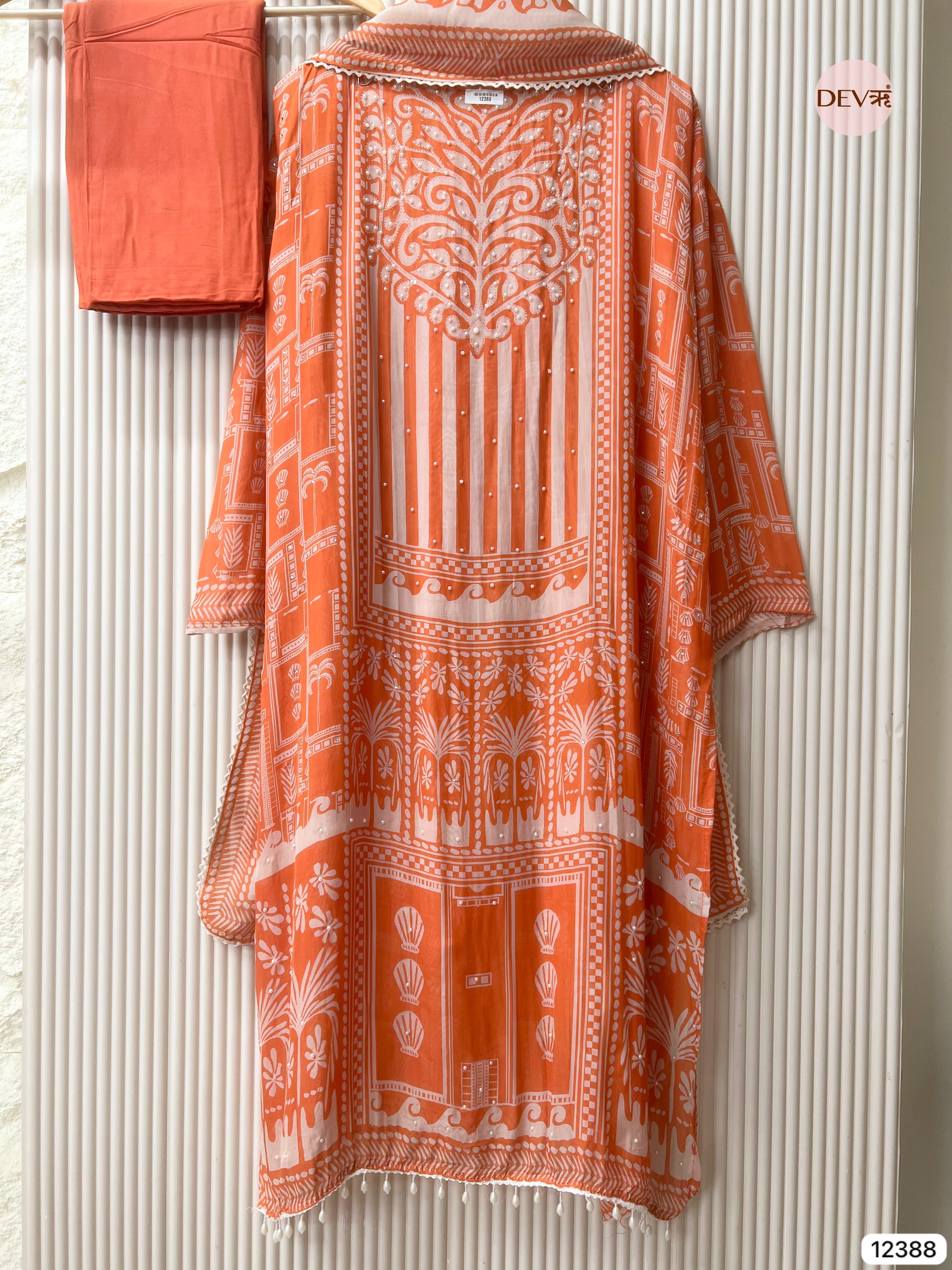 Orange Organza Embroidered Unstitched 3-Piece Suit (Devri – D.No 12388)
