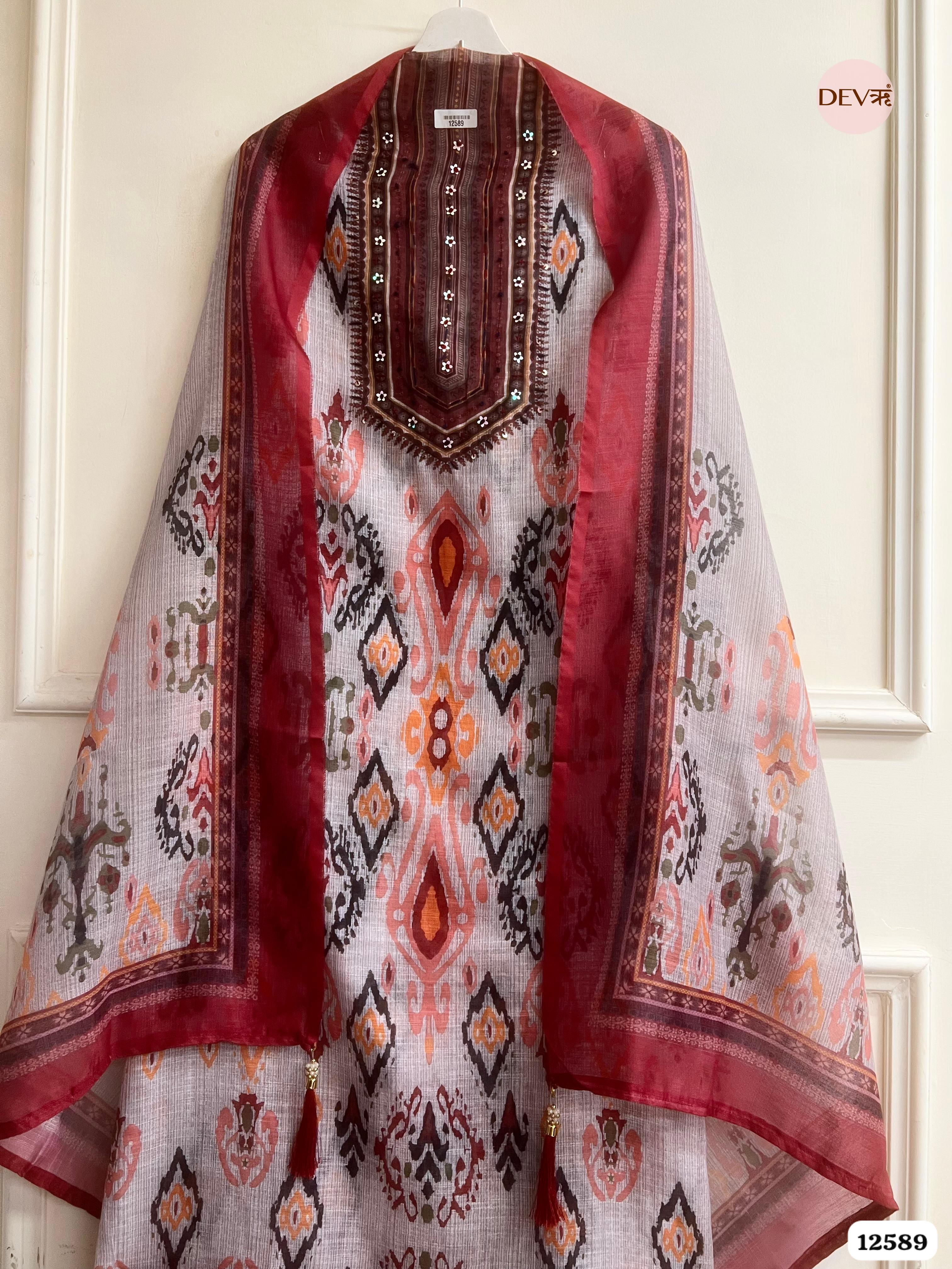 Maroon linen Printed Unstitched 3-Piece Suit (Devri – D.No 12589)