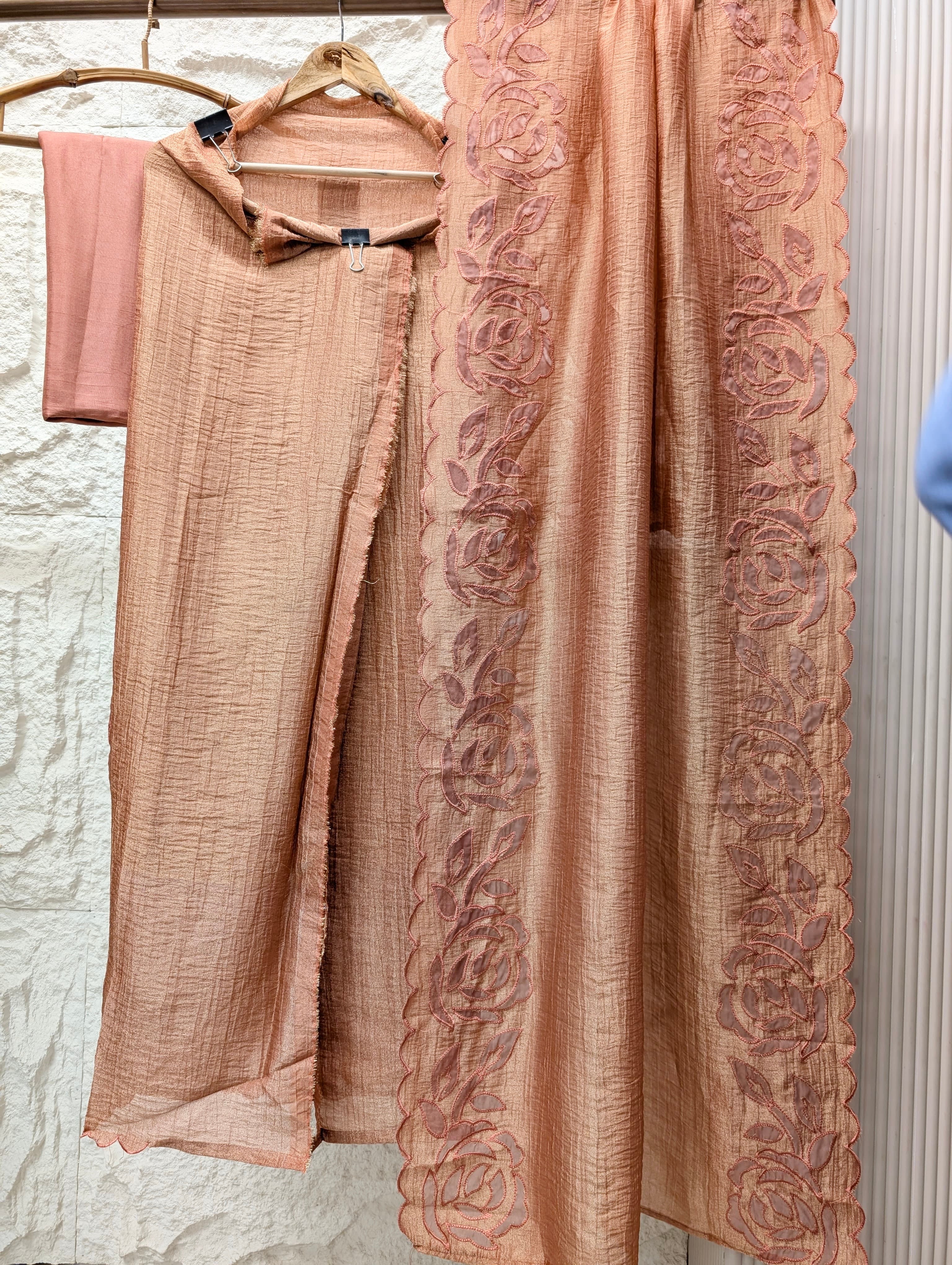 Peach Tissue Crush Silk Embroidered Unstitched 3-Piece Suit (Devri – D.No 13746)