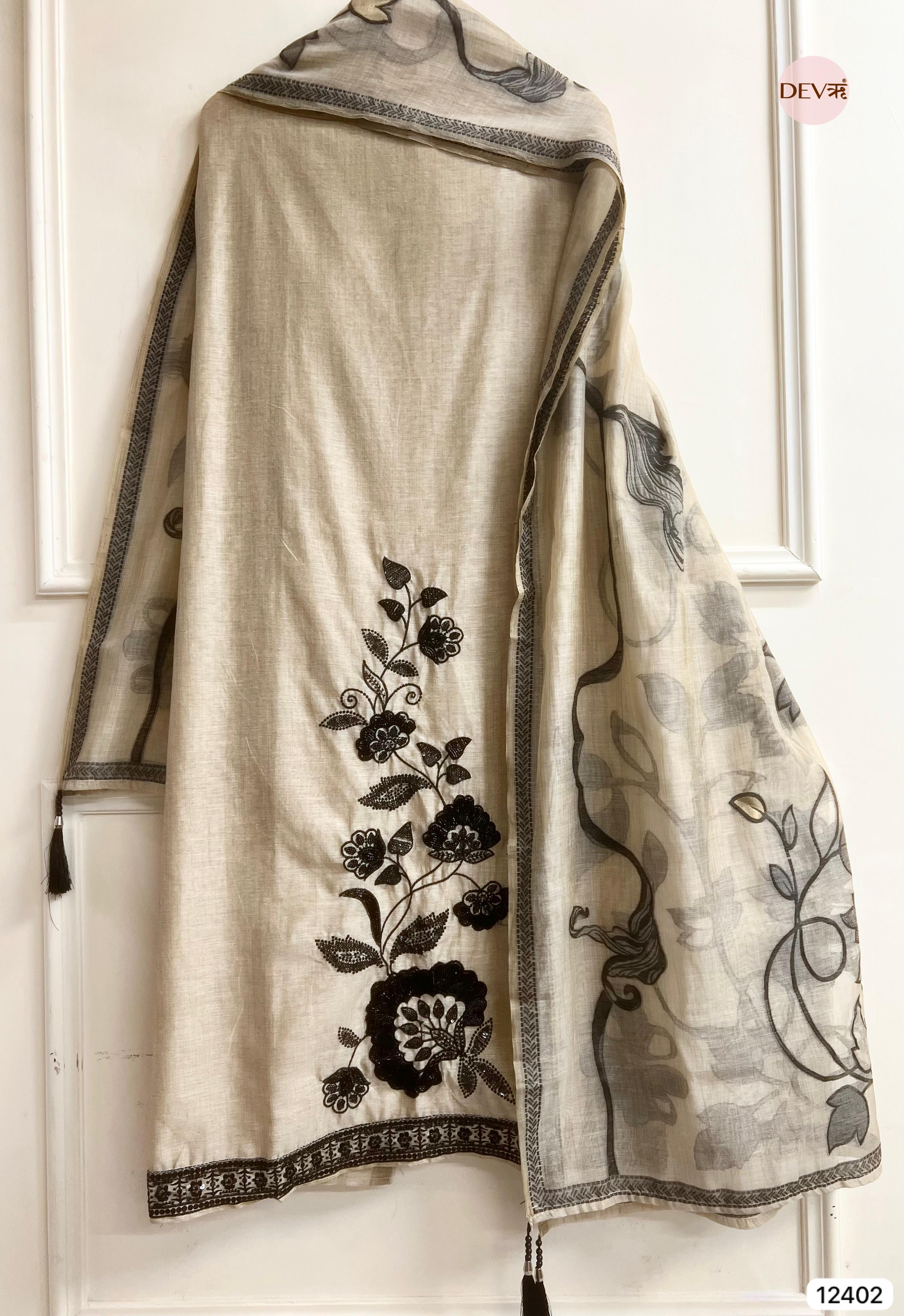 Beige Mul Chanderi Embroidered Unstitched 3-Piece Suit (Devri – D.No 12402)