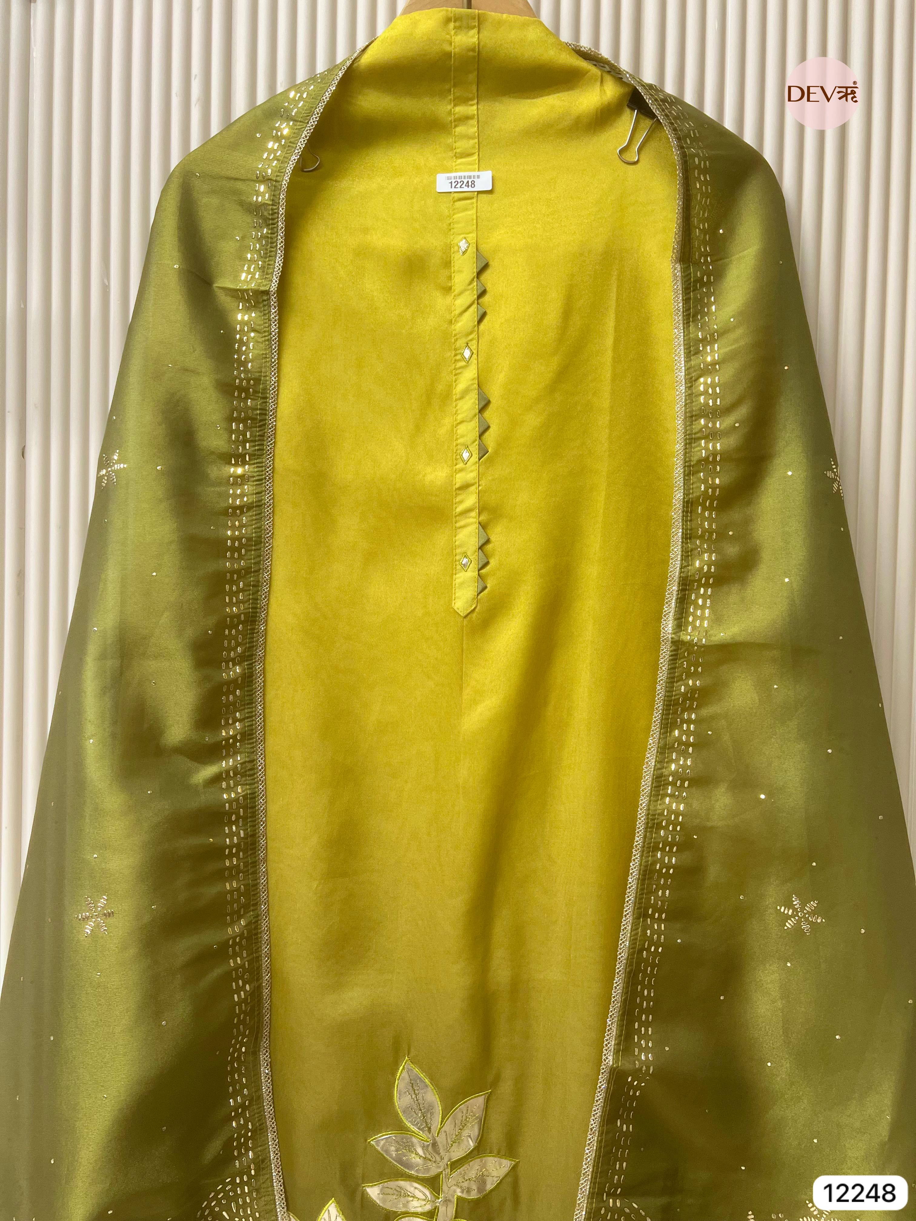 Olive Soft Tissue Shimmer Silk Embroidered Unstitched 3-Piece Set (Devri – D.No 12248)