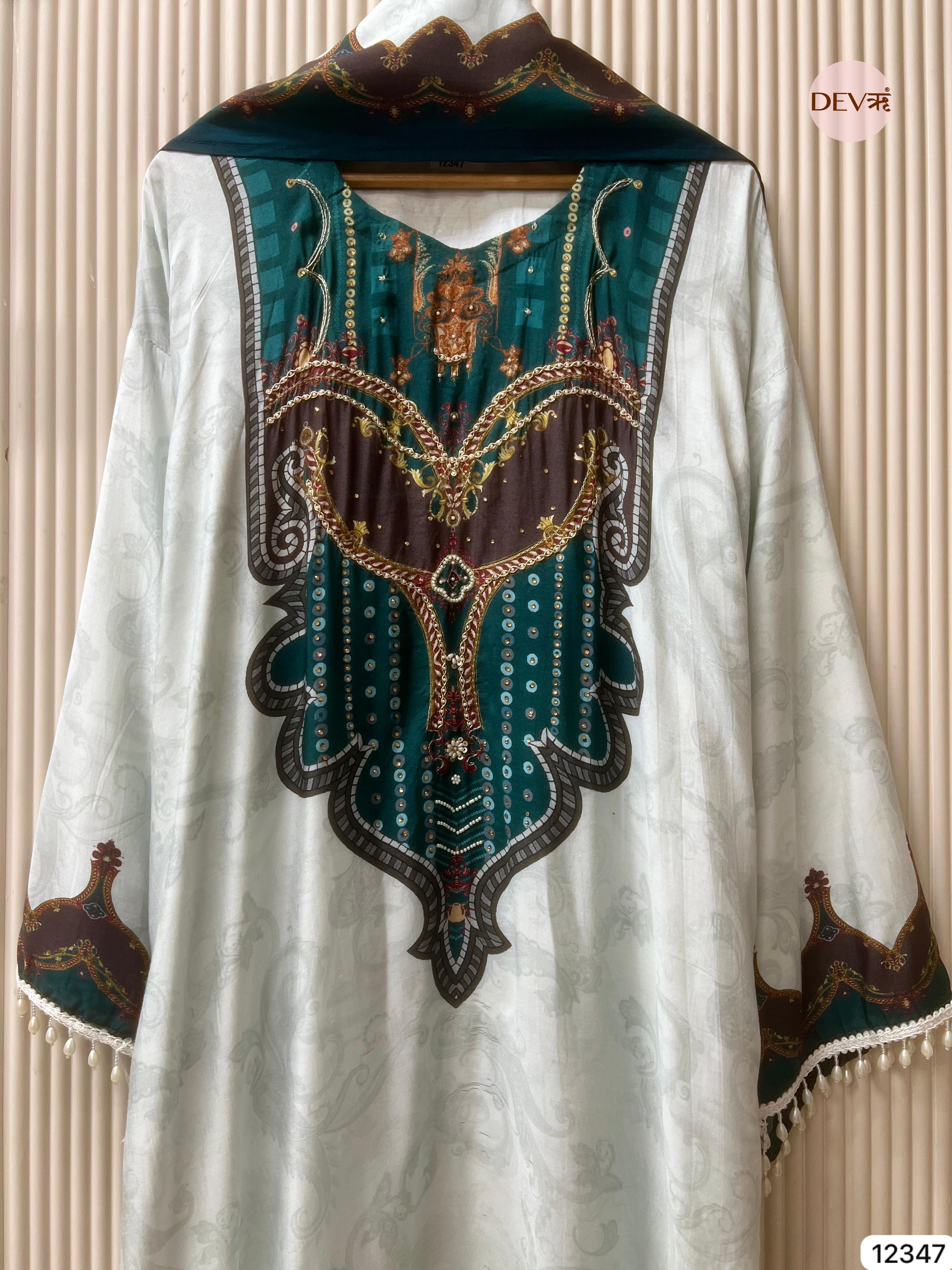 Teal Ivory Muslin Printed Unstitched 3-Piece Suit (Devri – D.No 12347)