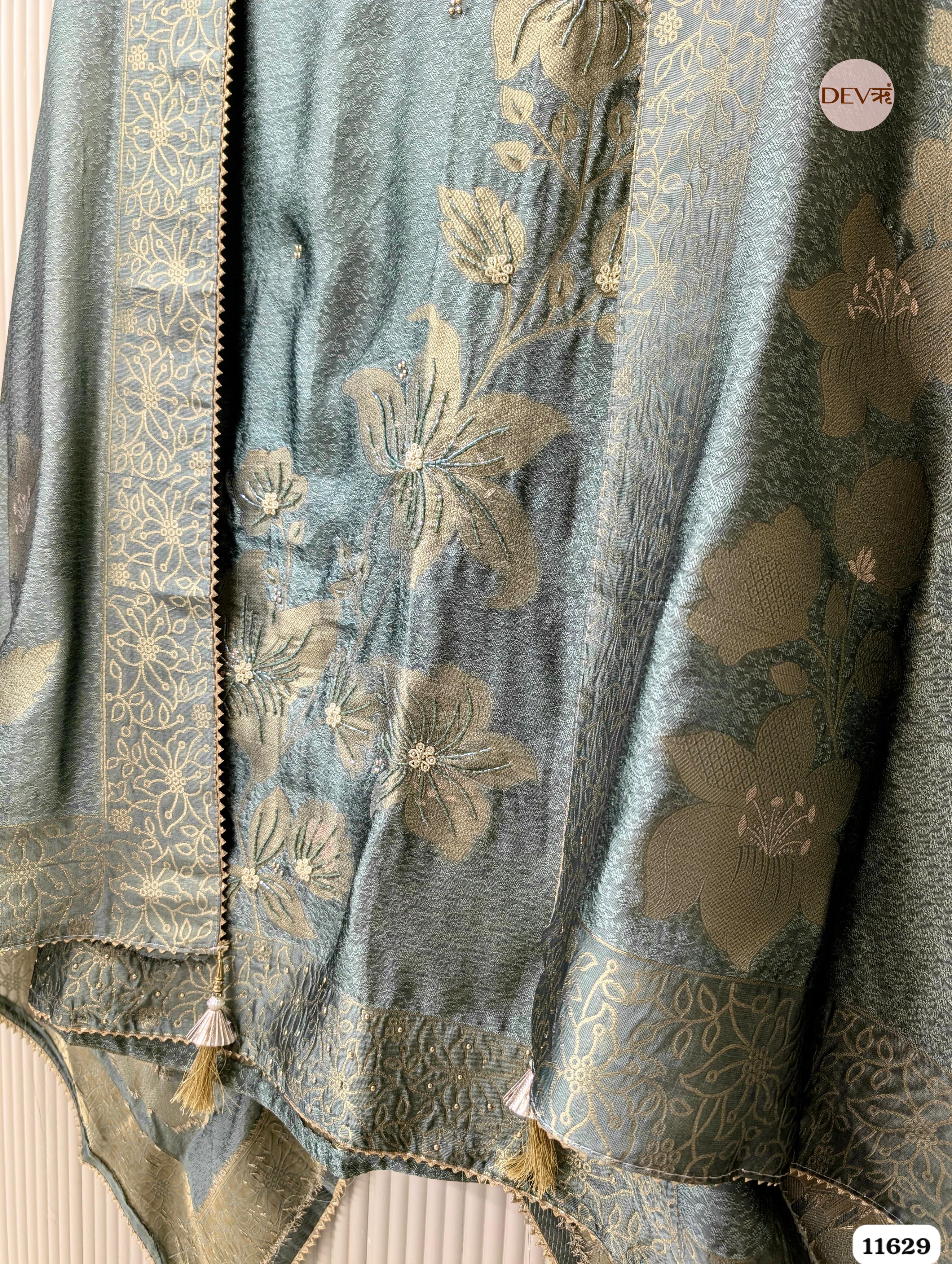 Teal Banarasi Silk Woven Unstitched 3-Piece Suit (Devri – D.No. 11629)