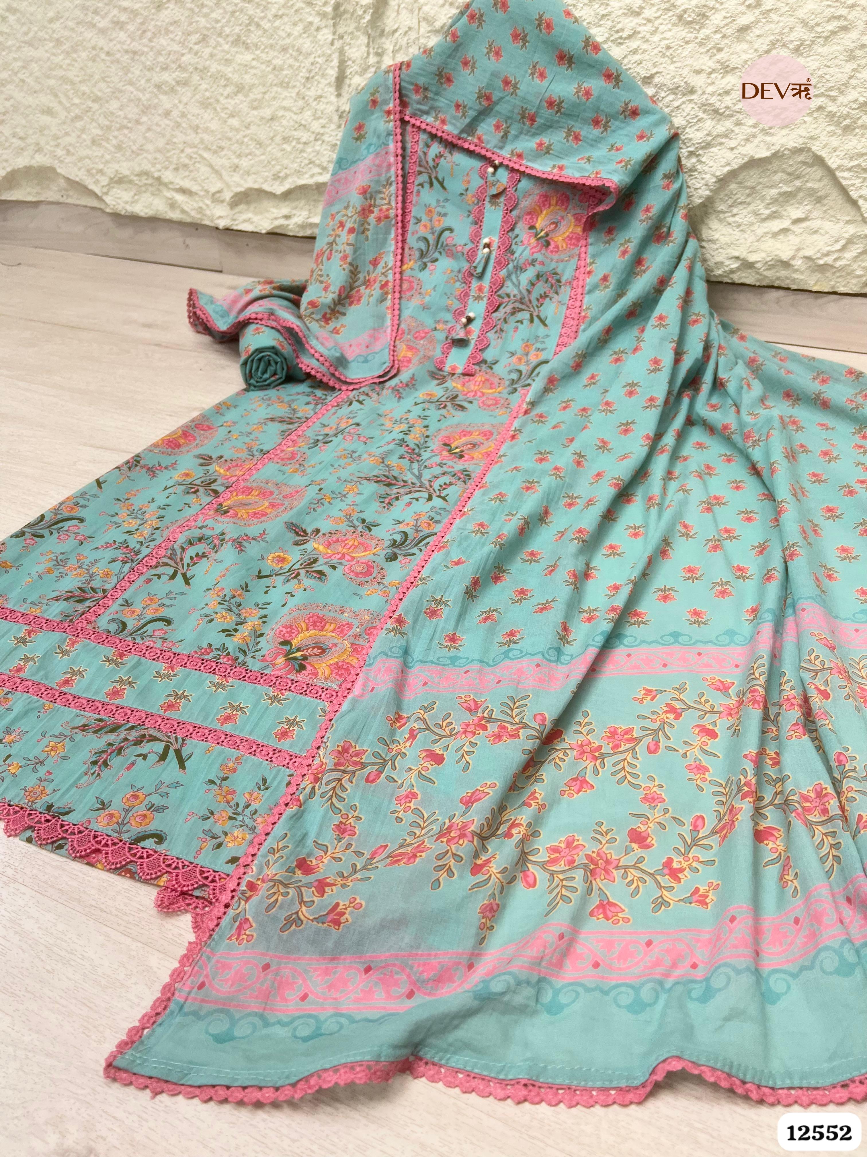 Aqua Blue Pure Cotton Floral Printed Unstitched 3-Piece Suit (Devri – D.No 12552)