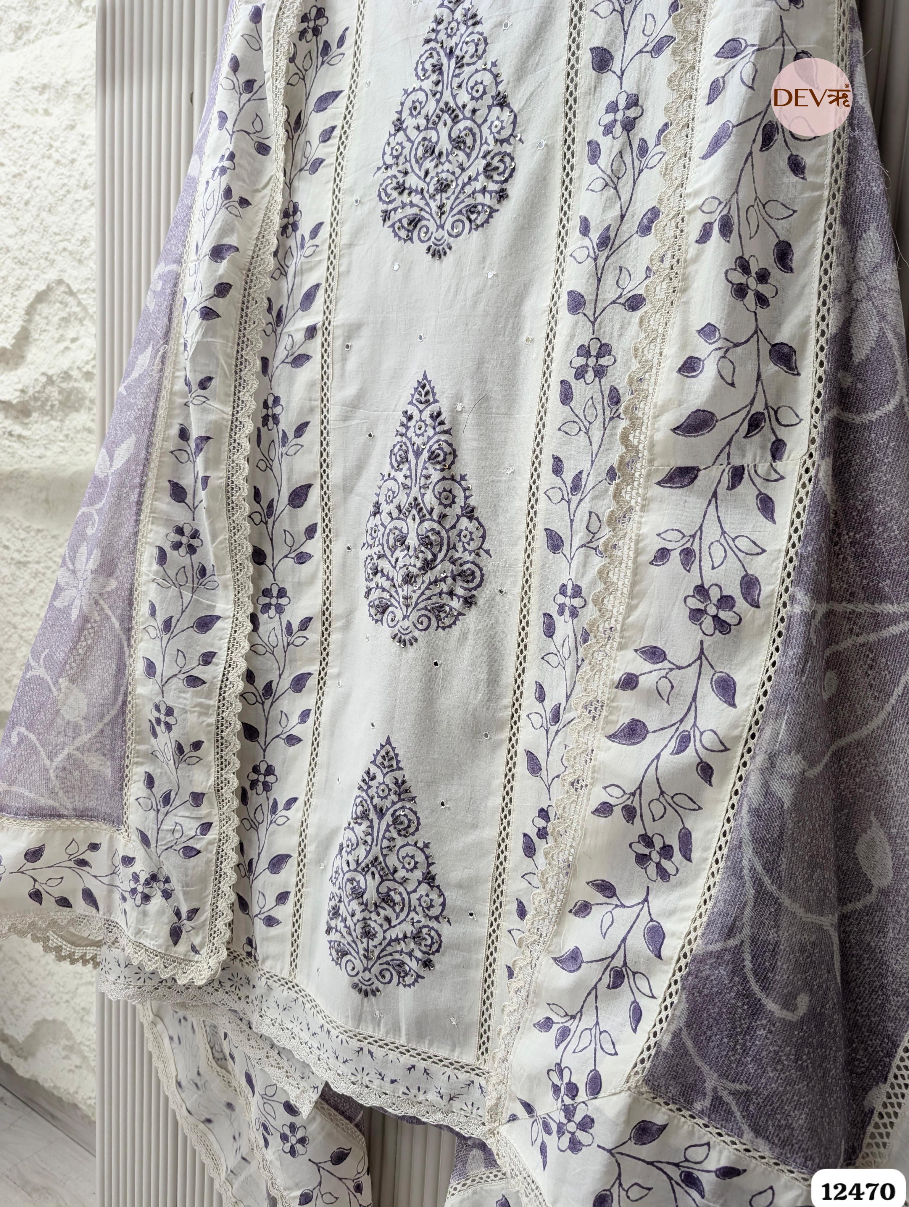 Lavender & White Pure Cotton Printed & Embroidered Unstitched 3-Piece Suit (Devri – D.No 12470)