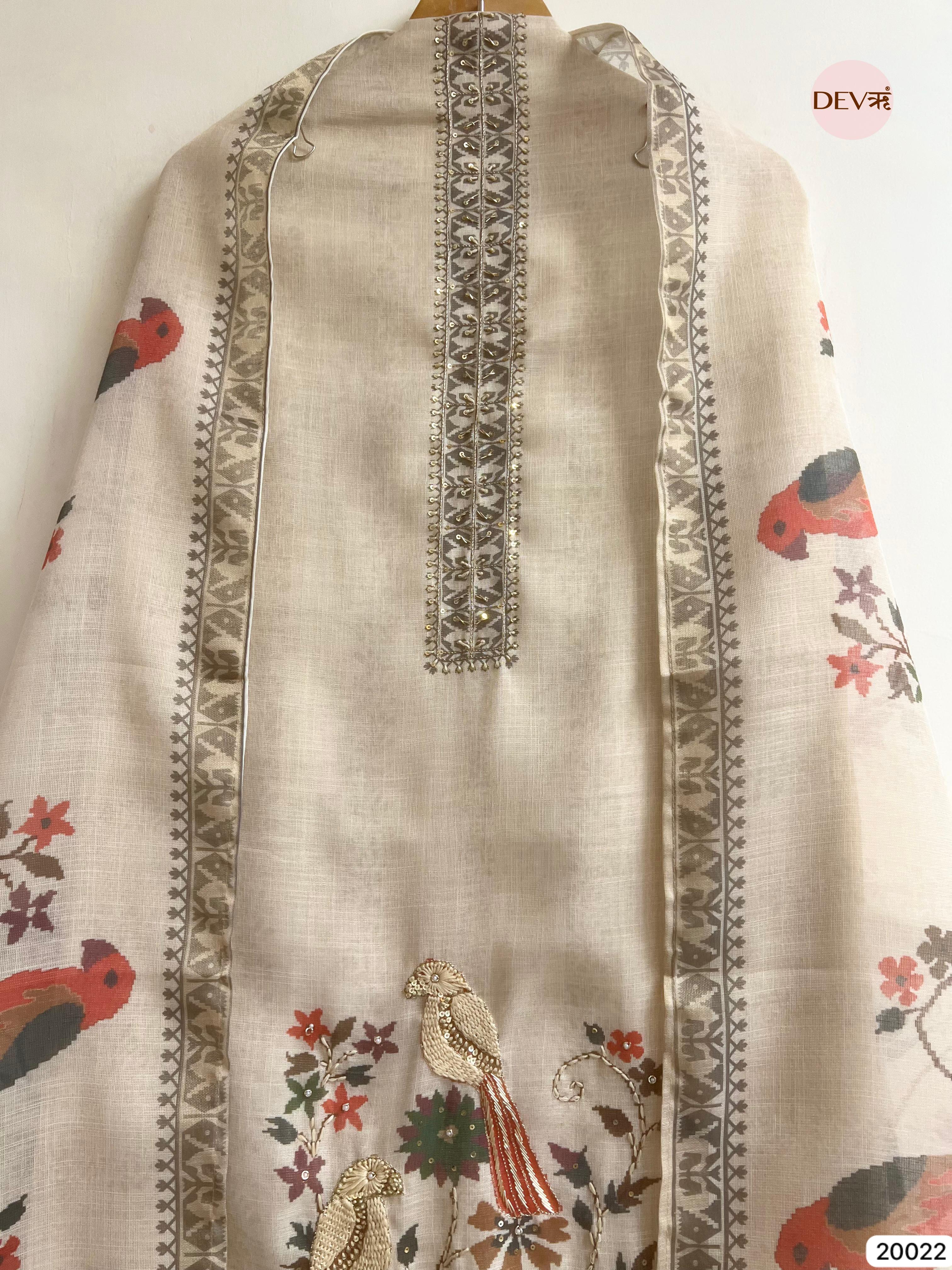 Ivory Linen Cotton Embroidered Unstitched 3-Piece Suit (Devri – D.No 20022)