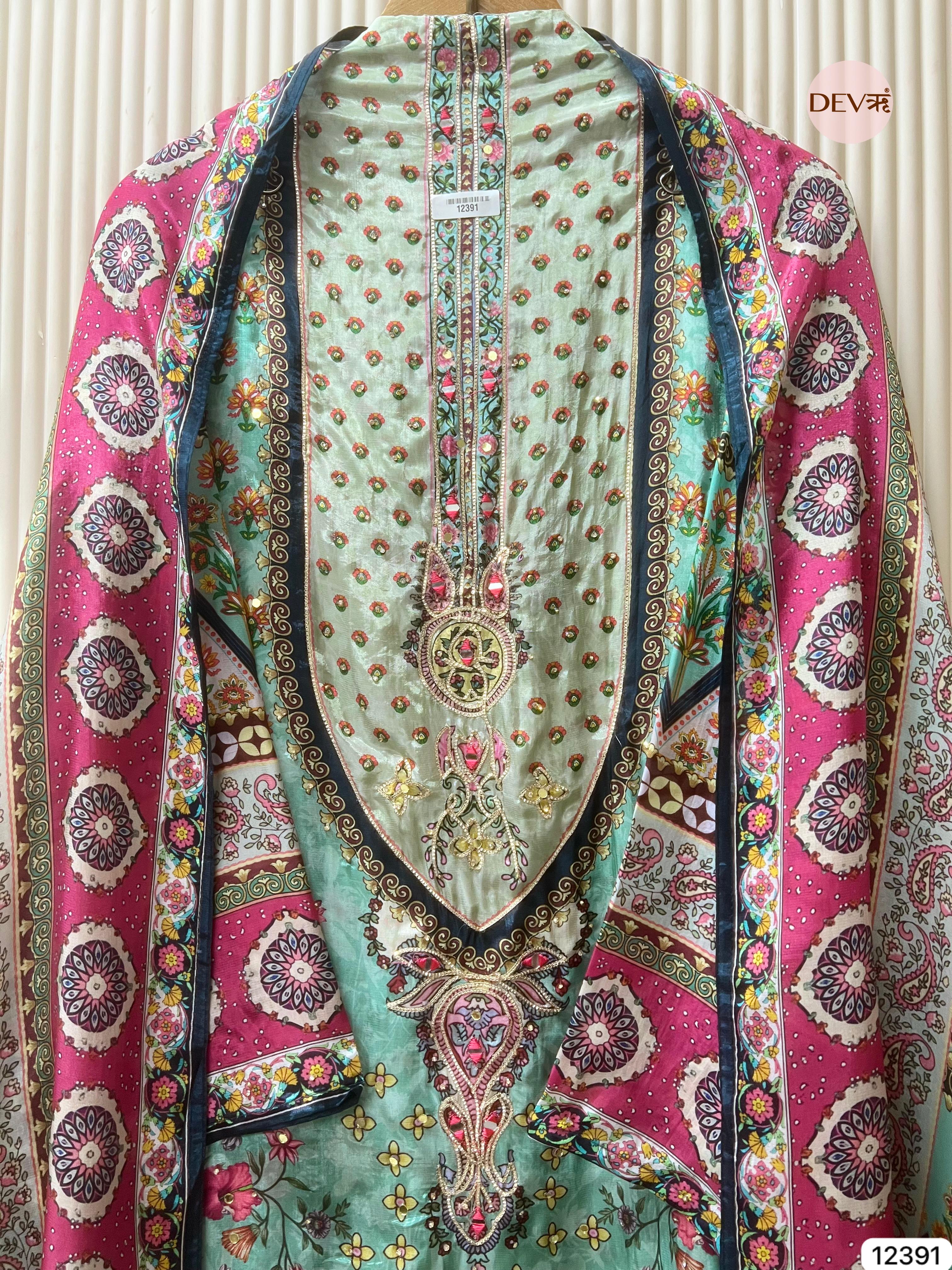 Mint Green Muslin Printed Unstitched 3-Piece Suit (Devri – D.No 12391)